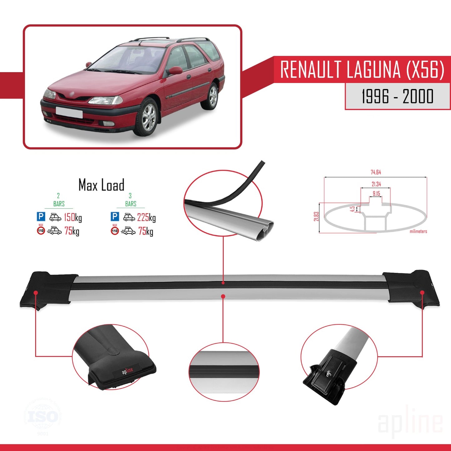Compatible with Renault Laguna (X56) 1996-200 FLY Model Car Roof Rack Cross Bar Grey Aluminium 2 Bars