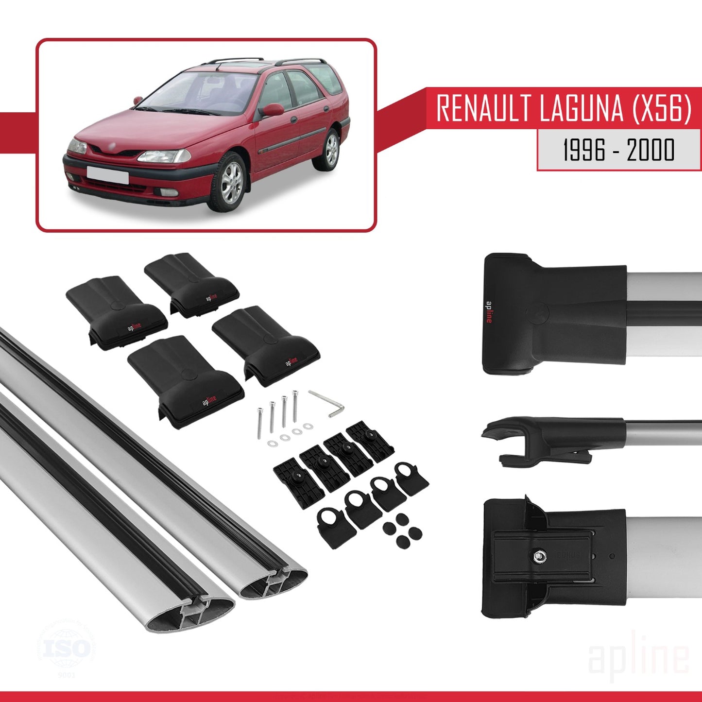 Compatible with Renault Laguna (X56) 1996-200 FLY Model Car Roof Rack Cross Bar Grey Aluminium 2 Bars