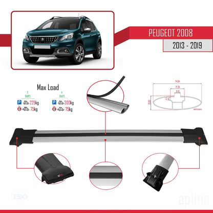 Compatible with Peugeot 2008 (A94) 2013-2019 FLY Model Car Roof Rack Cross Bar Grey Aluminium 3 Bars