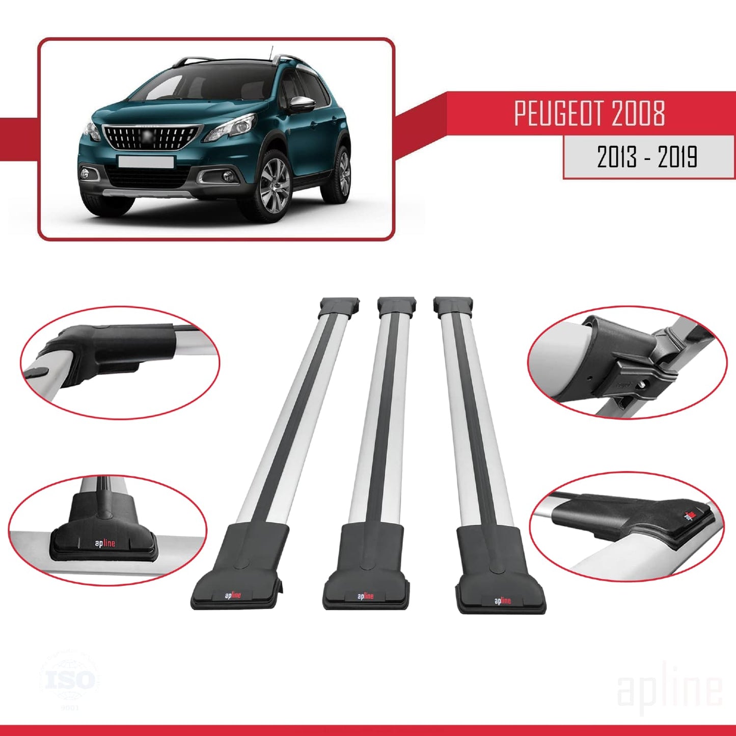 Compatible with Peugeot 2008 (A94) 2013-2019 FLY Model Car Roof Rack Cross Bar Grey Aluminium 3 Bars
