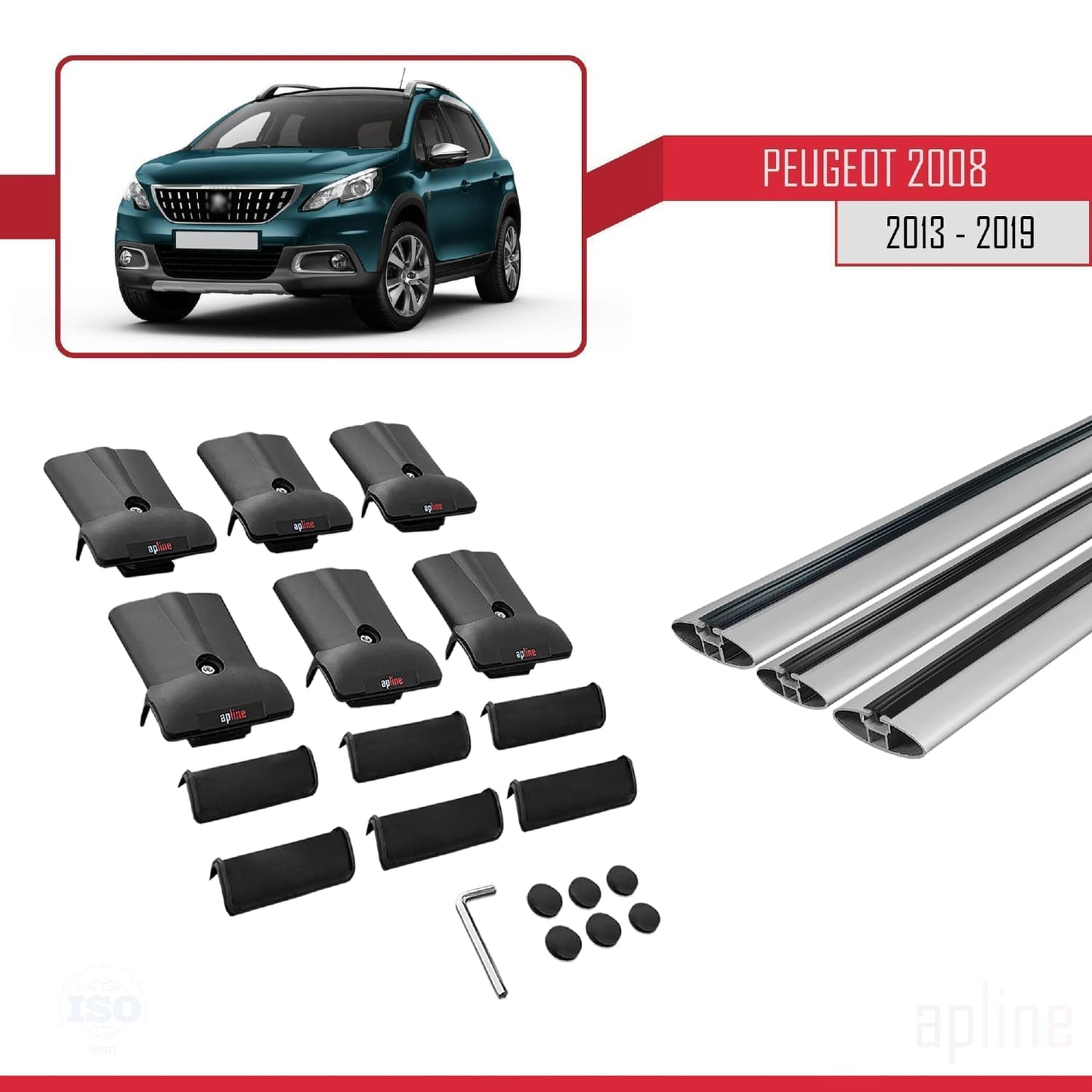 Compatible with Peugeot 2008 (A94) 2013-2019 FLY Model Car Roof Rack Cross Bar Grey Aluminium 3 Bars