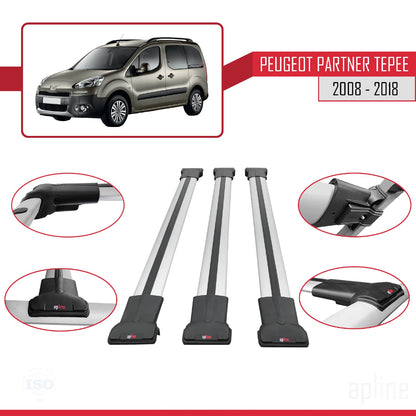 Compatible with Peugeot Partner 2 Tepee 2008-2018 FLY Model Car Roof Rack Cross Bar Grey Aluminium 3 Bars
