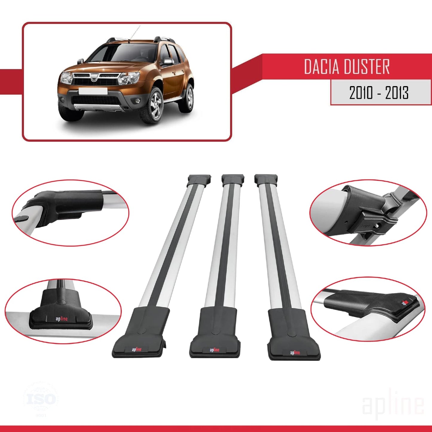 Compatible with Dacia Duster (HS) Pre-Facelift 2010-2013 FLY Model Car Roof Rack Cross Bar Grey Aluminium 3 Bars