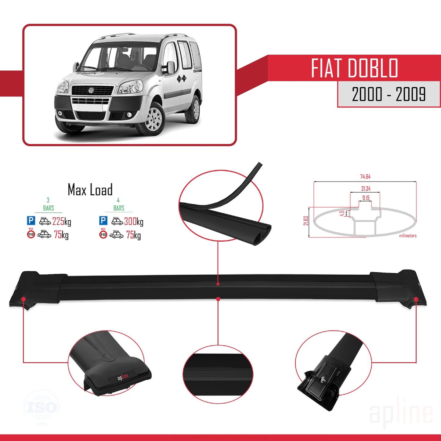 Compatible with Fiat Doblo 2000-2009 FLY Model Car Roof Rack Cross Bar Black Aliminum 2 Bars
