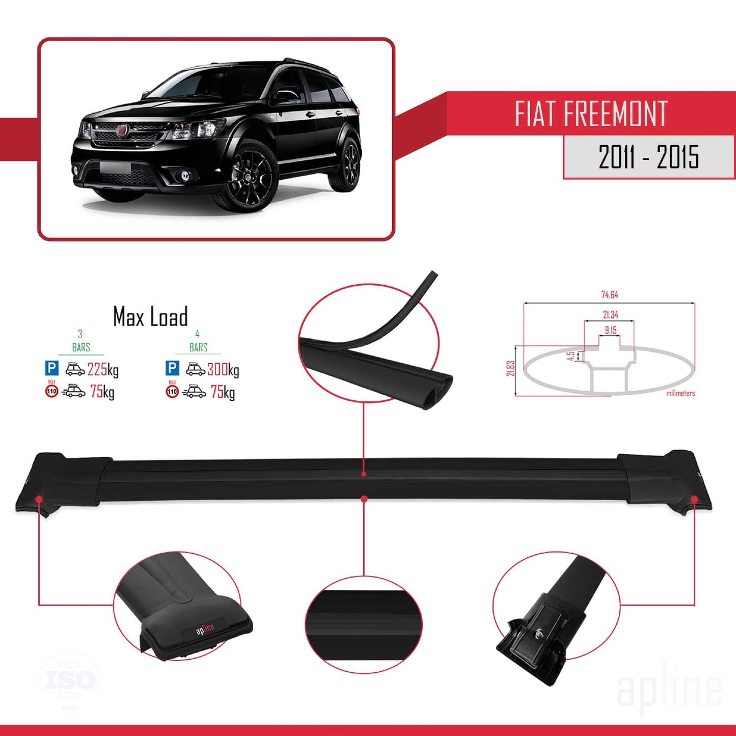 Compatible with Fiat Freemont 2011-2015 FLY Model Car Roof Rack Cross Bar Black Aluminium 3 Bars