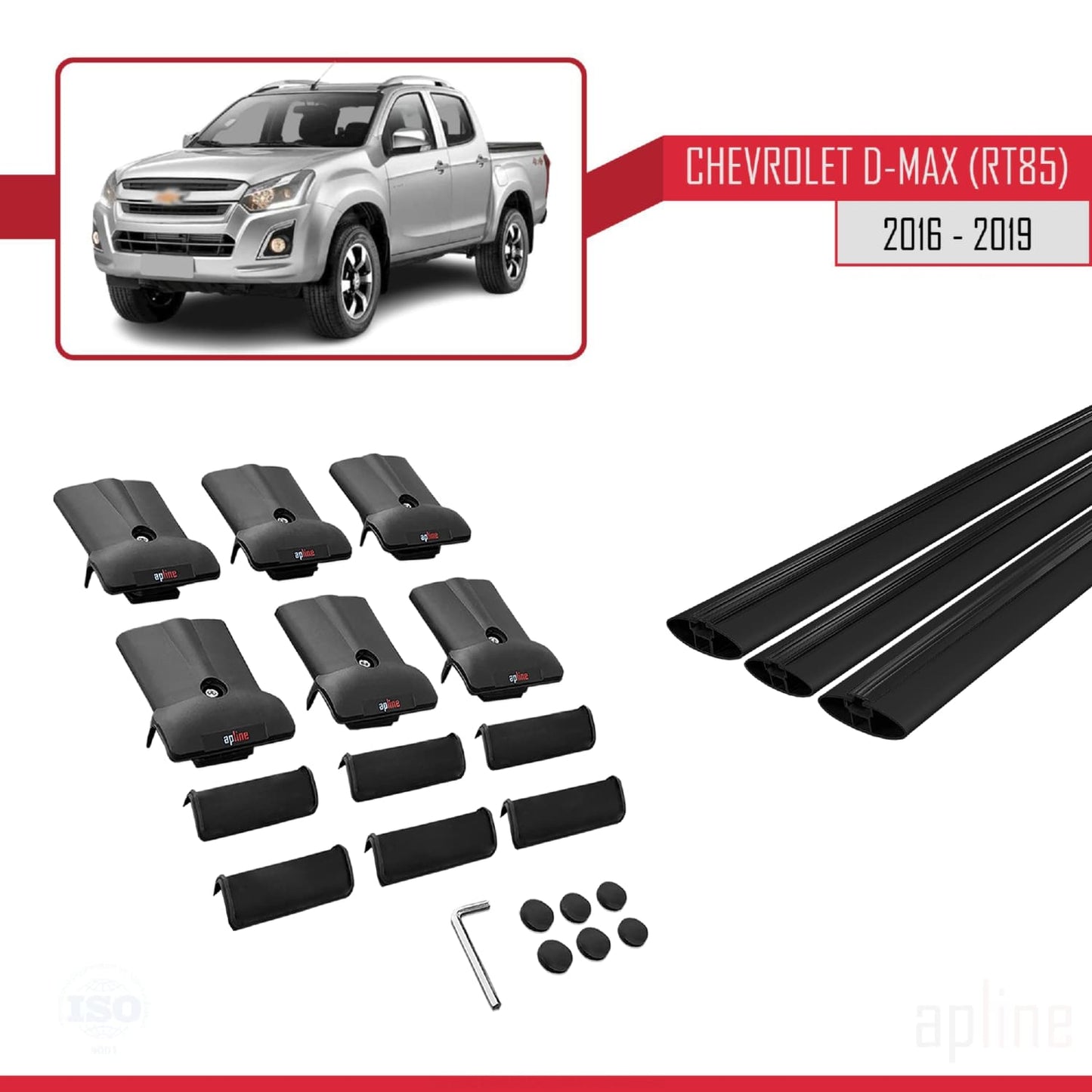 Compatible with Chevrolet D-Max (RT85) 2016-2019 FLY Model Car Roof Rack Cross Bar Black Aluminium 3 Bars