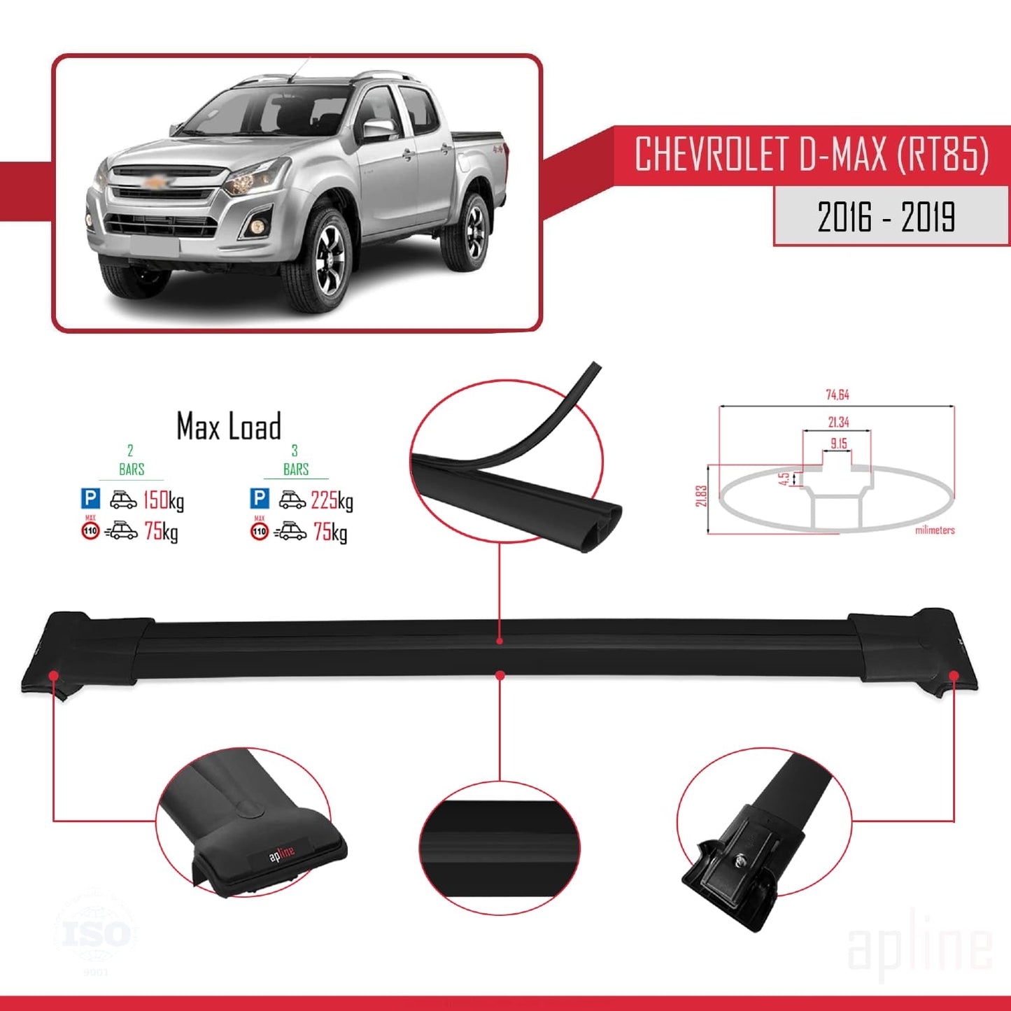 Compatible with Chevrolet D-Max (RT85) 2016-2019 FLY Model Car Roof Rack Cross Bar Black Aluminium 2 Bars