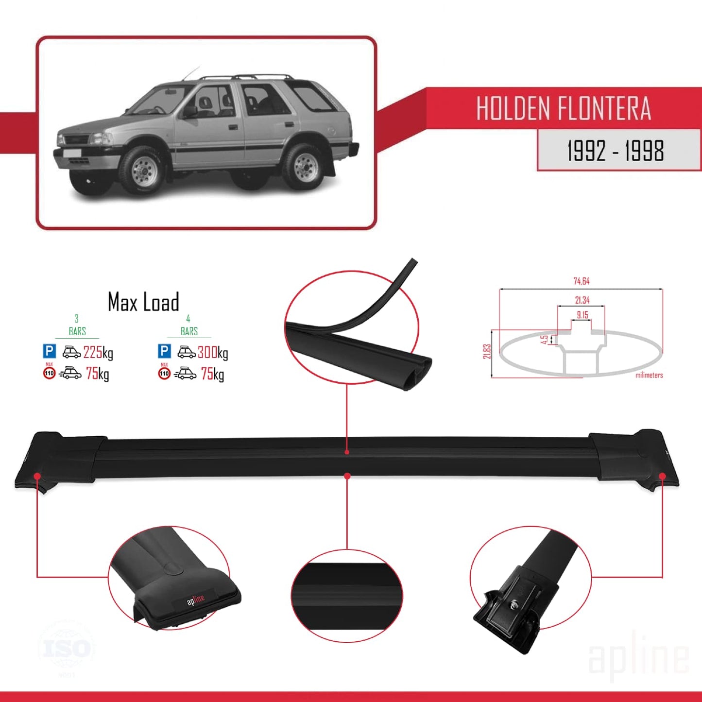 Compatible with Holden Frontera 1992-1998 FLY Model Car Roof Rack Cross Bar Black Aluminium 3 Bars