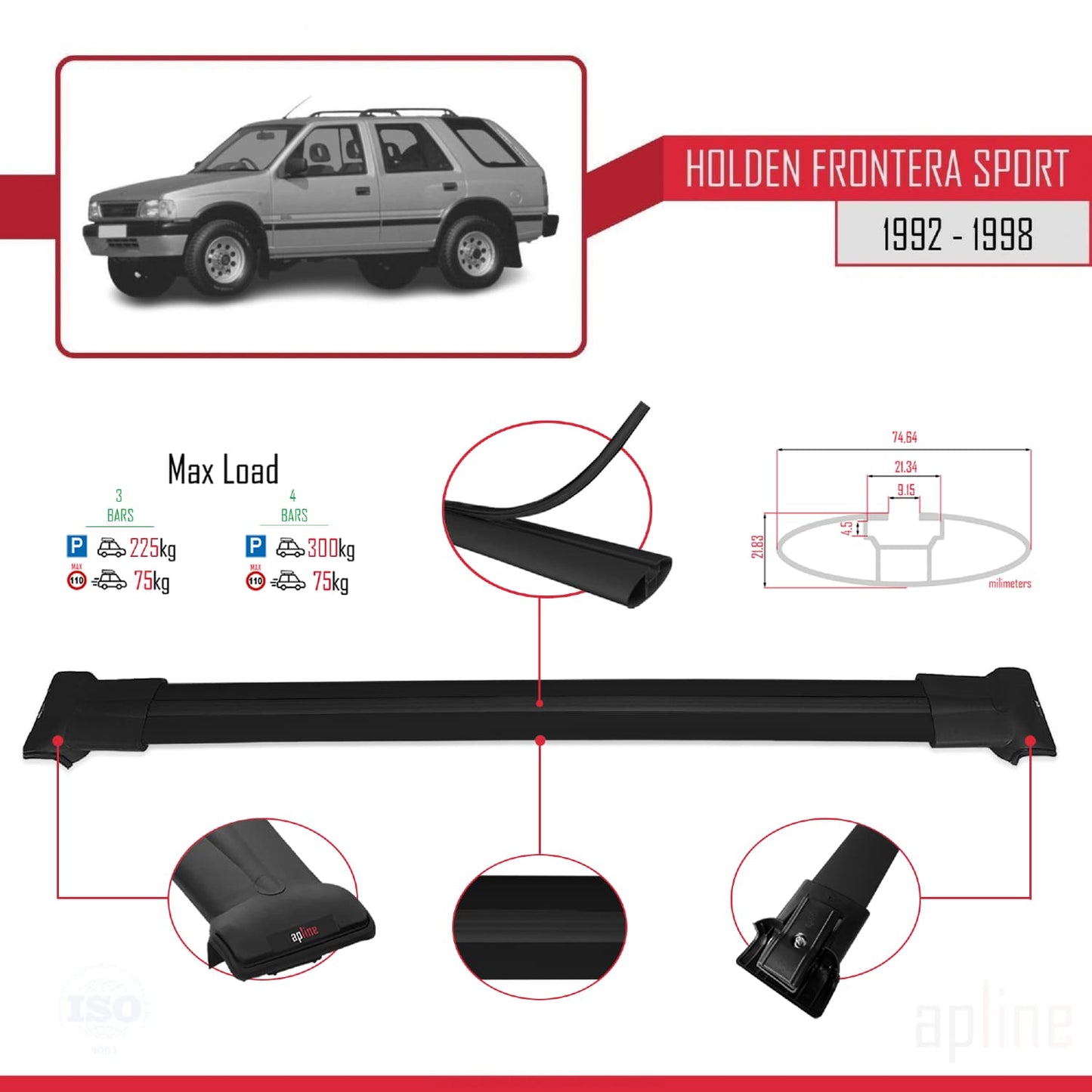 Compatible with Holden Frontera Sport 1992-1998 FLY Model Car Roof Rack Cross Bar Black Aluminium 3 Bars
