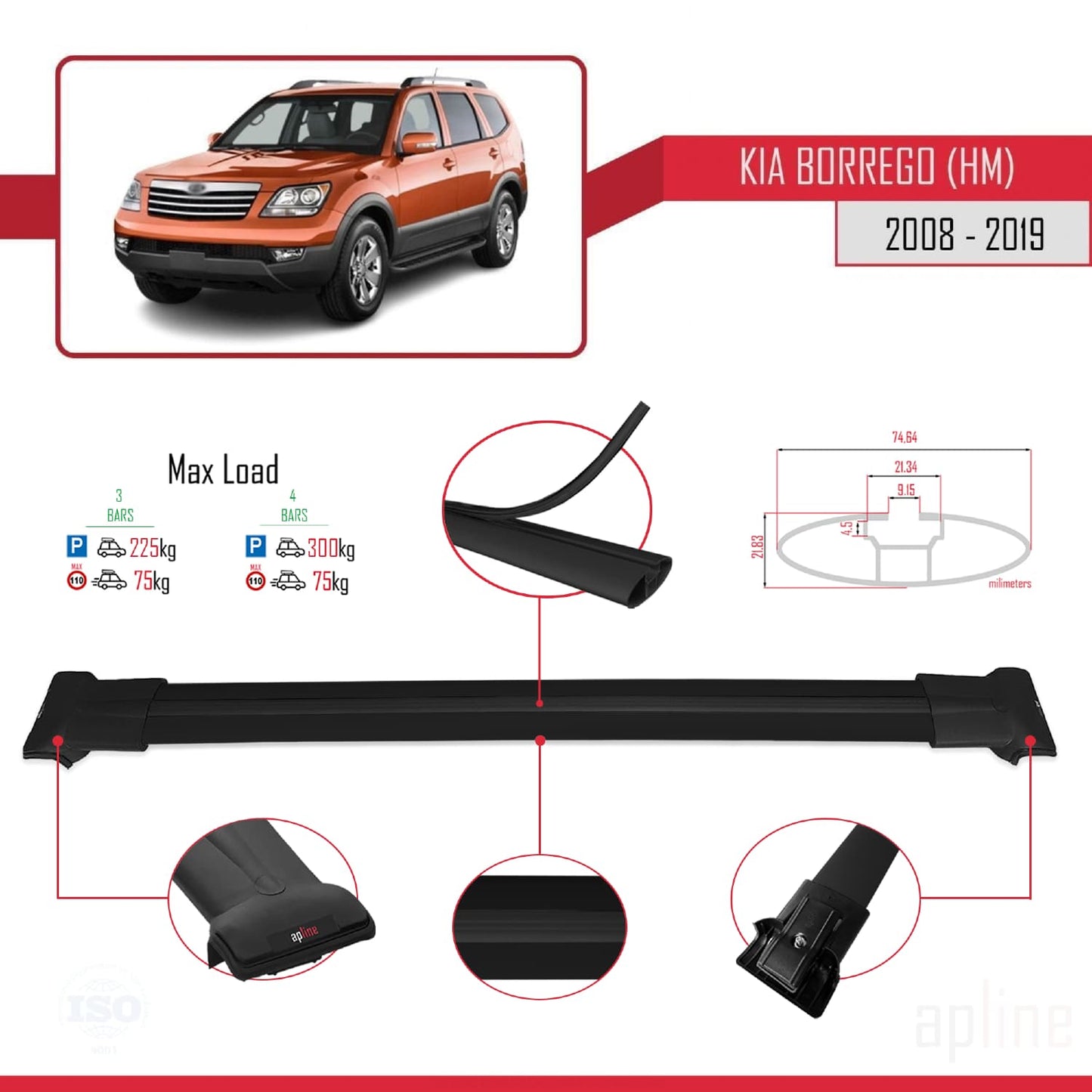 Compatible with Kia Borrego (HM) 2008-2019 FLY Model Car Roof Rack Cross Bar Black Aluminium 3 Bars