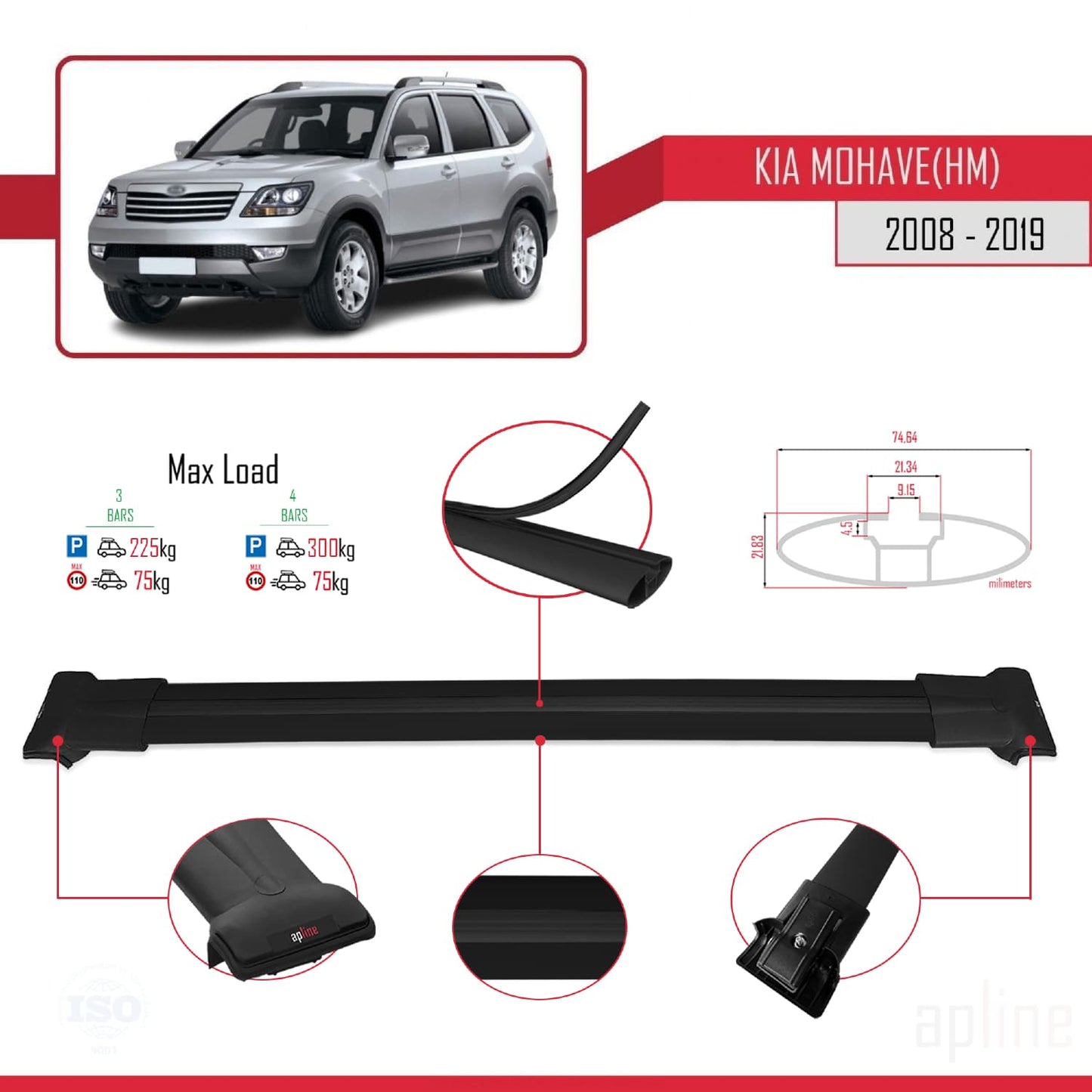 Compatible with Kia Mohave (HM) 2008-2019 FLY Model Car Roof Rack Cross Bar Black Aluminium 3 Bars