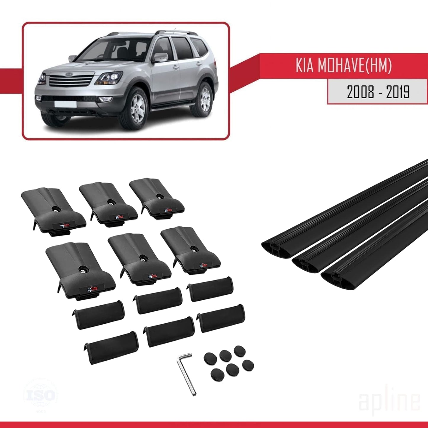 Compatible with Kia Mohave (HM) 2008-2019 FLY Model Car Roof Rack Cross Bar Black Aluminium 3 Bars