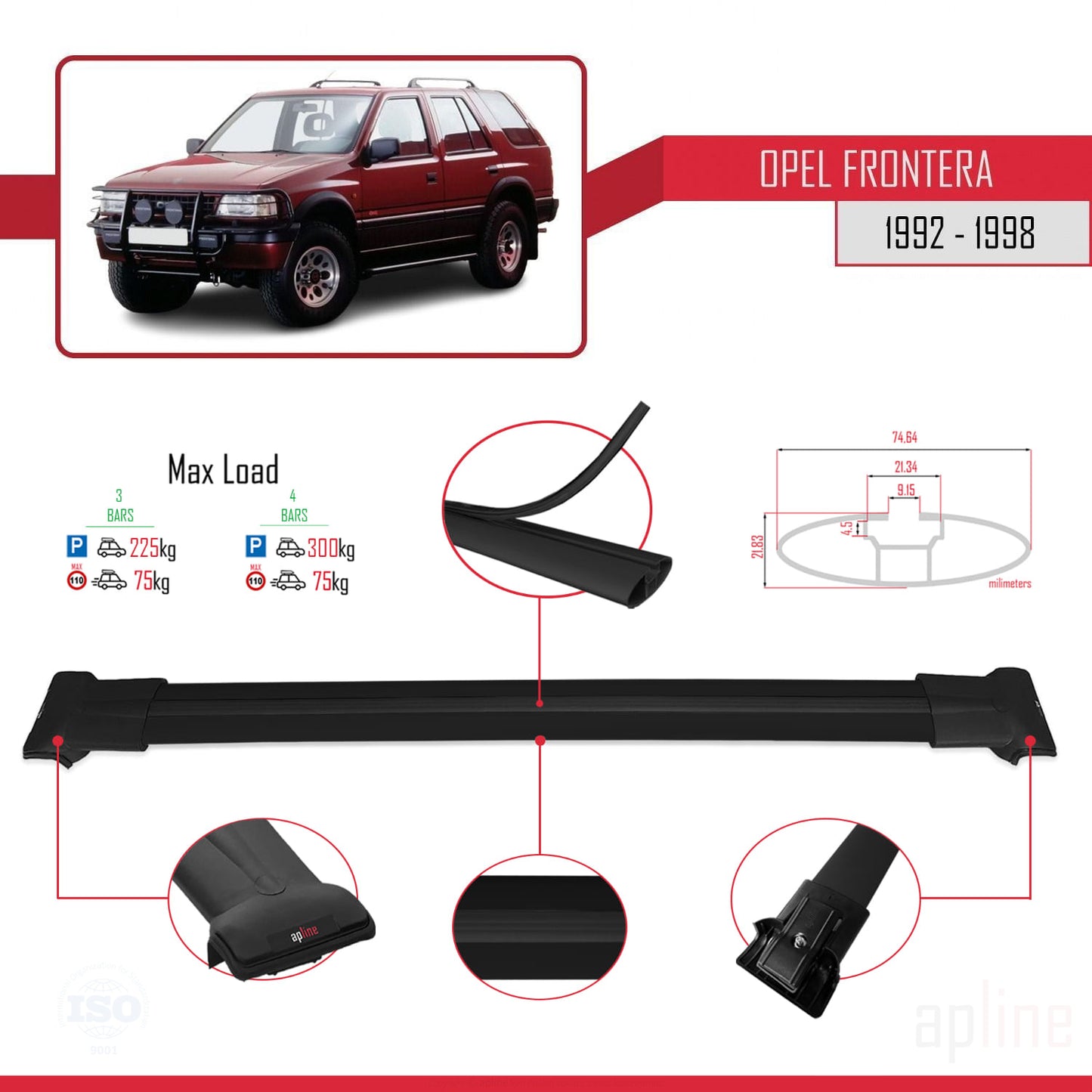 Compatible with Opel Frontera 1992-1998 FLY Model Car Roof Rack Cross Bar Black Aluminium 3 Bars