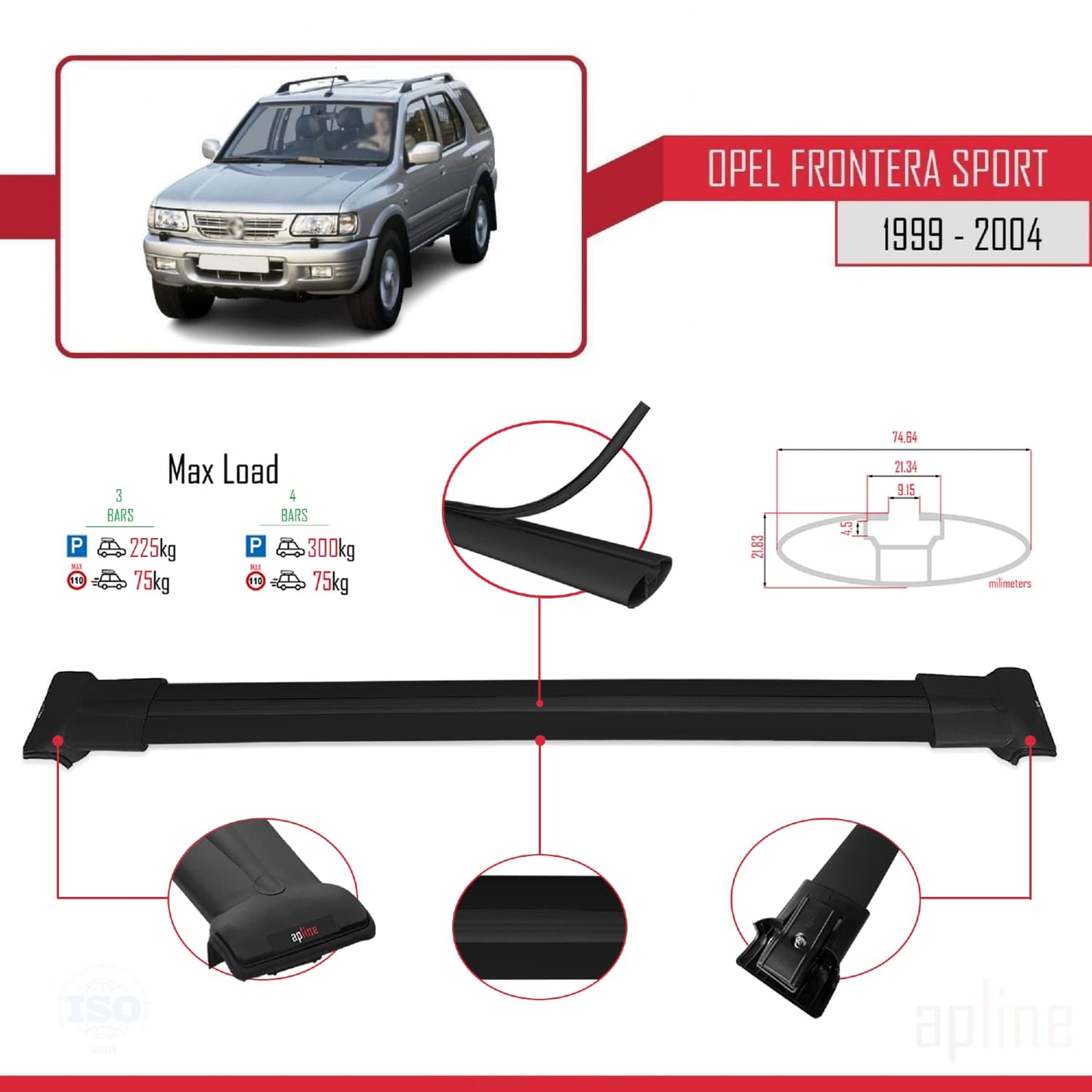 Compatible with Opel Frontera Sport 2 1999-2004 FLY Model Car Roof Rack Cross Bar Black Aluminium 3 Bars