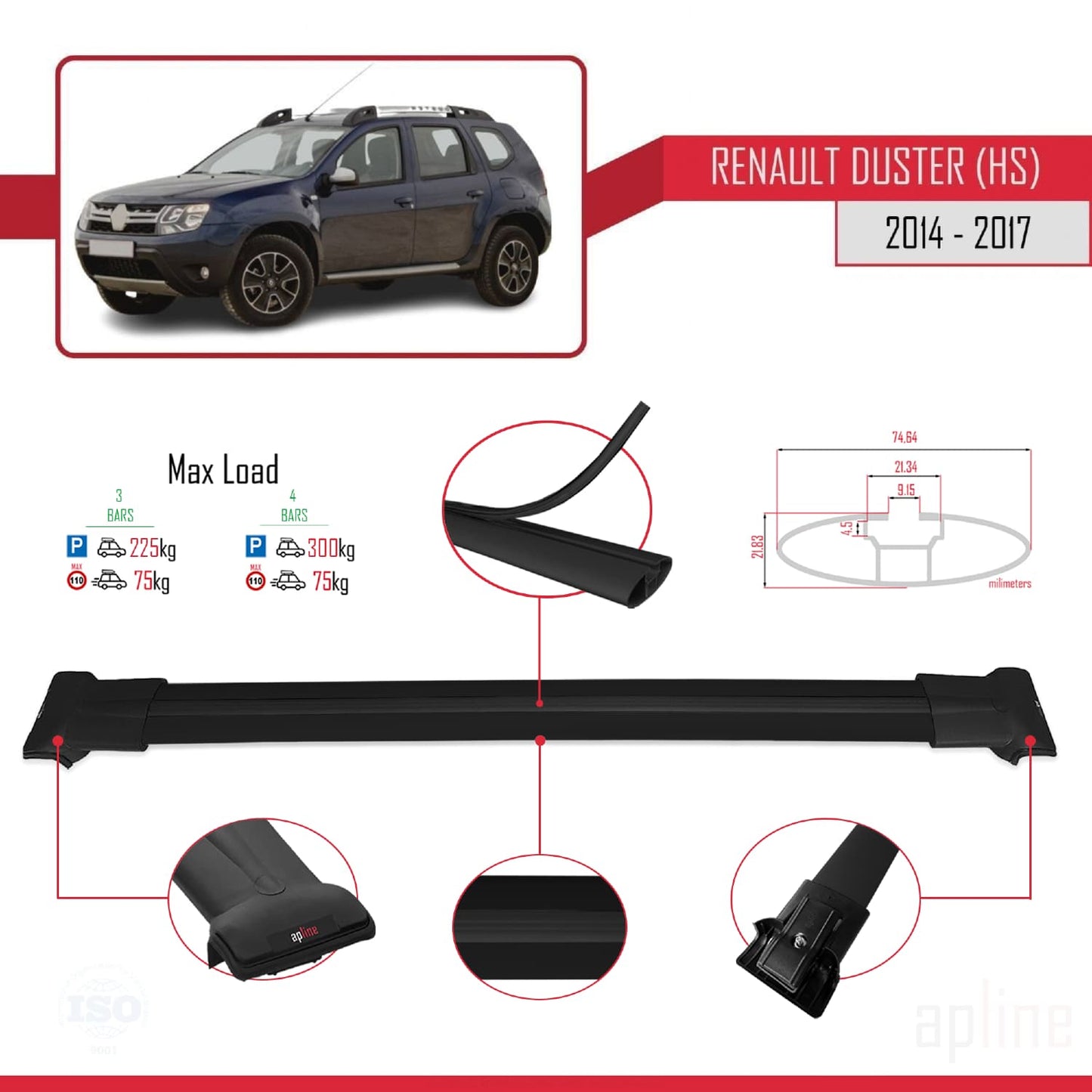 Compatible with Renault Duster (HS) Post-Facelift 2014-2017 FLY Model Car Roof Rack Cross Bar Black Aluminium 3 Bars