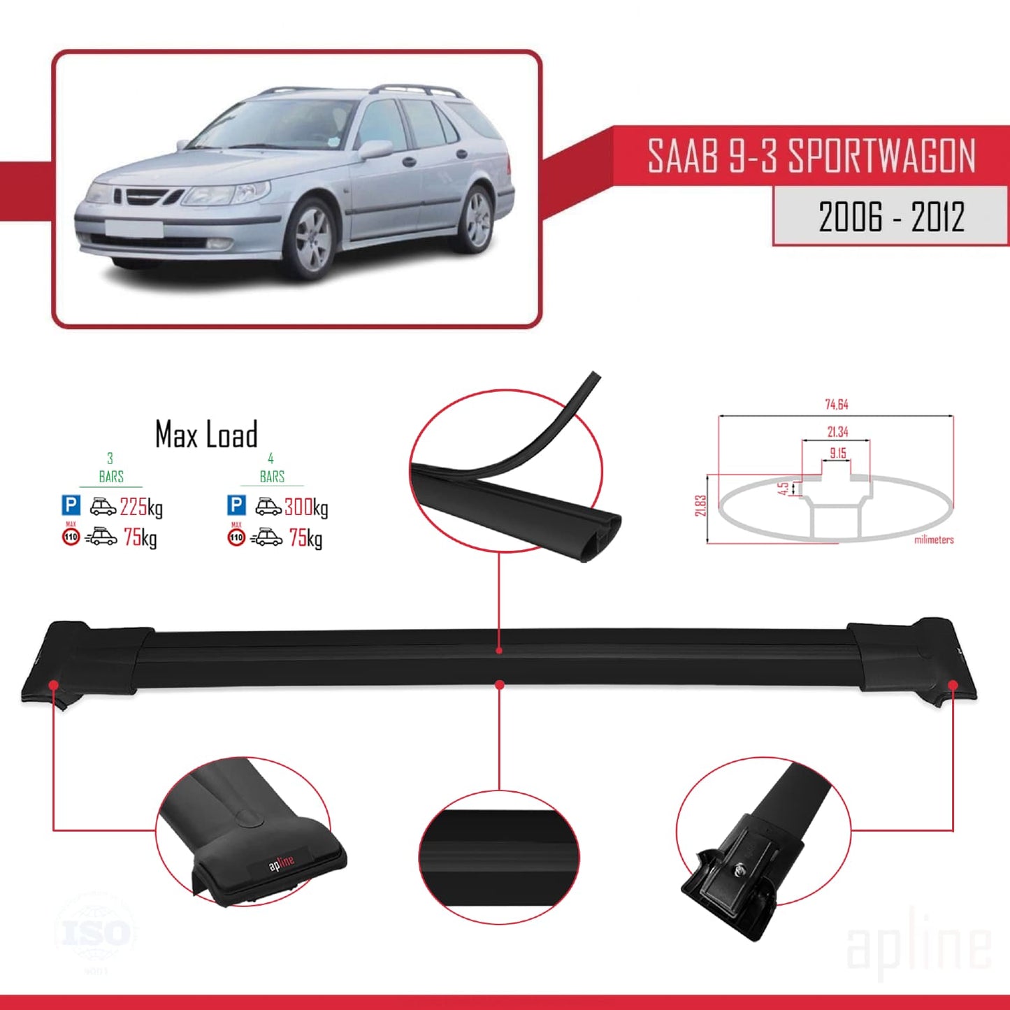 Compatible with Saab 9-3 II SW 2006-2012 FLY Model Car Roof Rack Cross Bar Black Aluminium 3 Bars