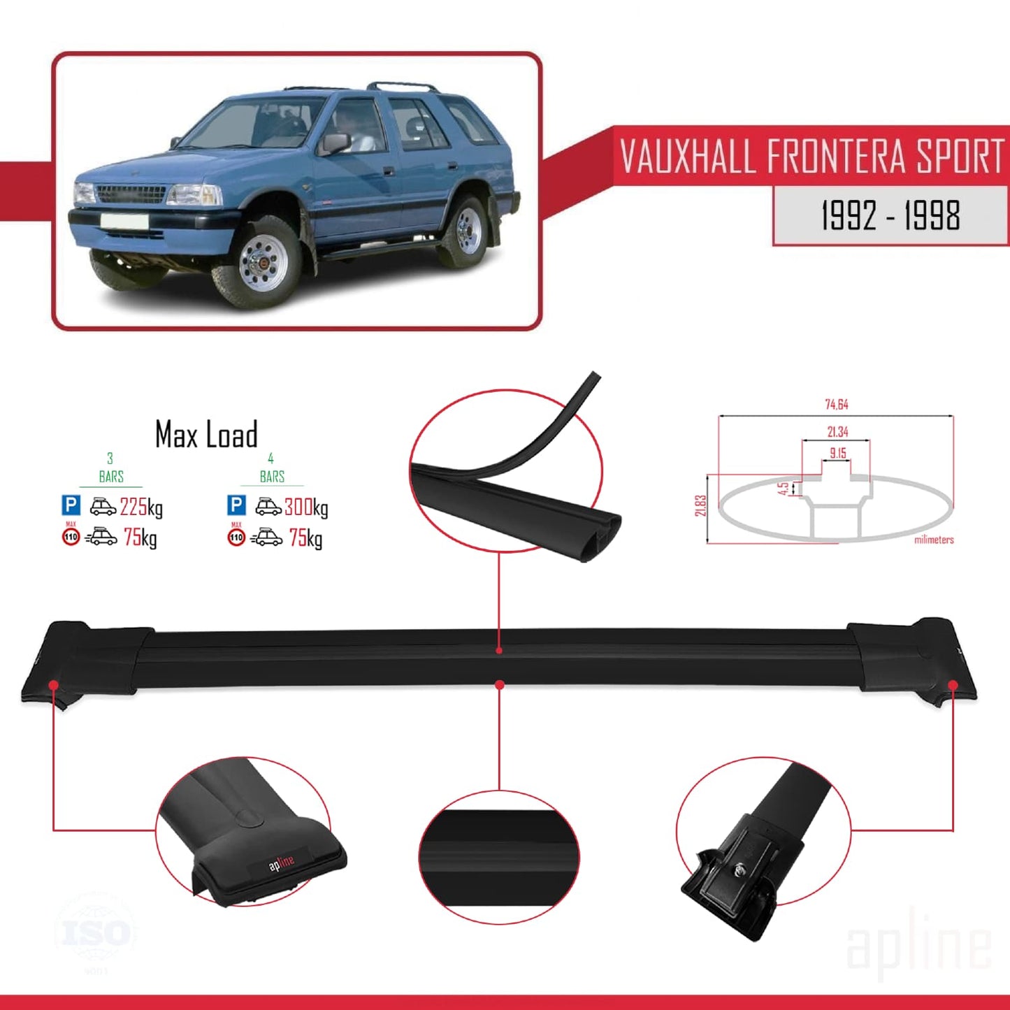 Compatible with Vauxhall Frontera Sport 1992-1998 FLY Model Car Roof Rack Cross Bar Black Aluminium 3 Bars
