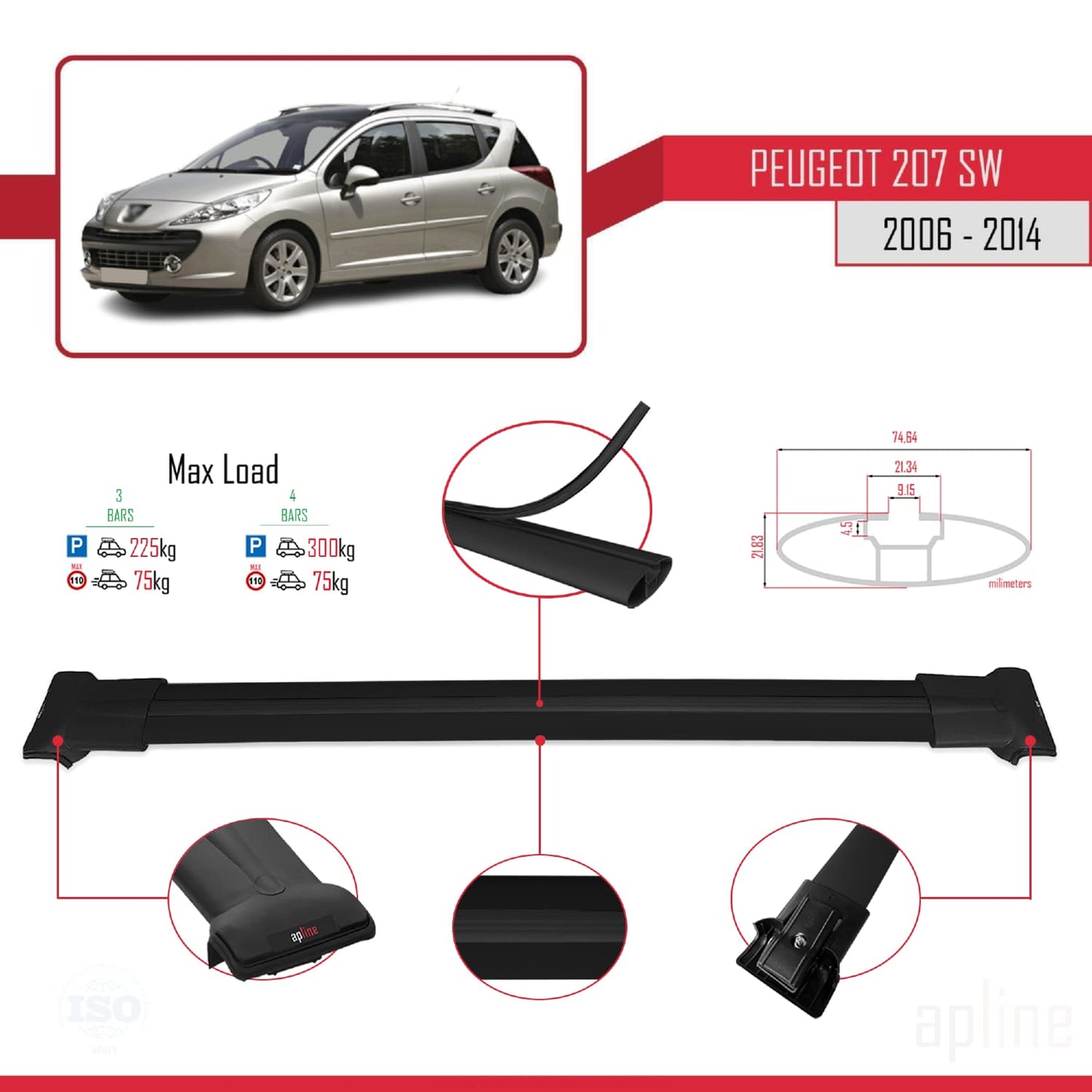 Compatible with Peugeot 207 SW 2006-2014 FLY Model Car Roof Rack Cross Bar Black Aluminium 3 Bars