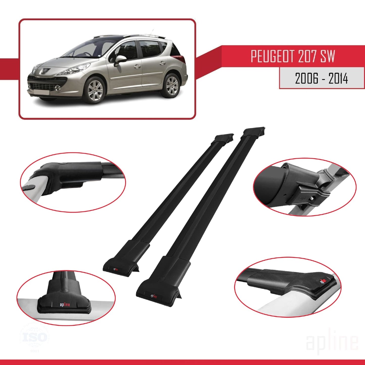 Compatible with Peugeot 207 SW 2006-2014 FLY Model Car Roof Rack Cross Bar Black Aluminium 2 Bars