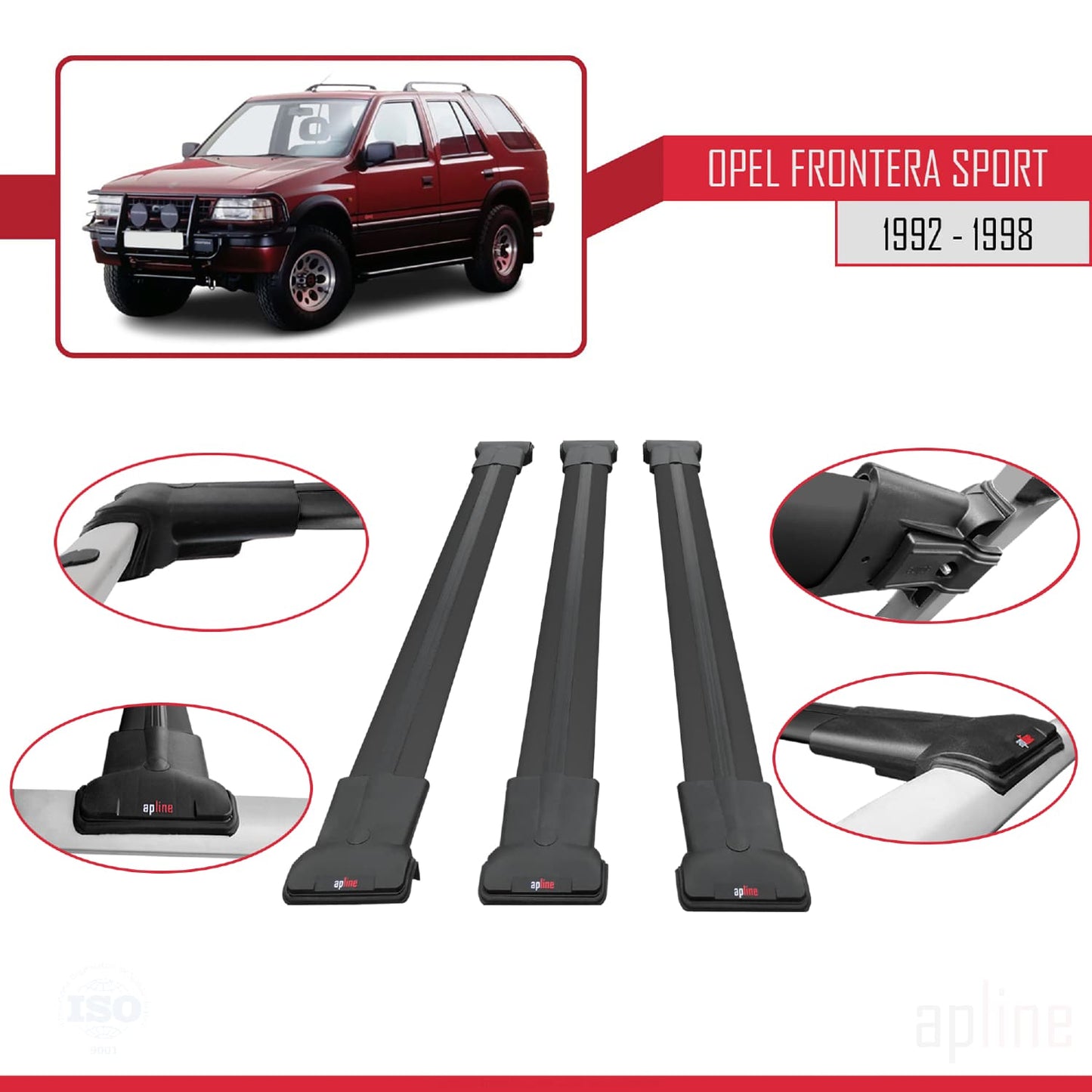 Compatible with Opel Frontera Sport 1992-1998 FLY Model Car Roof Rack Cross Bar Black Aluminium 3 Bars