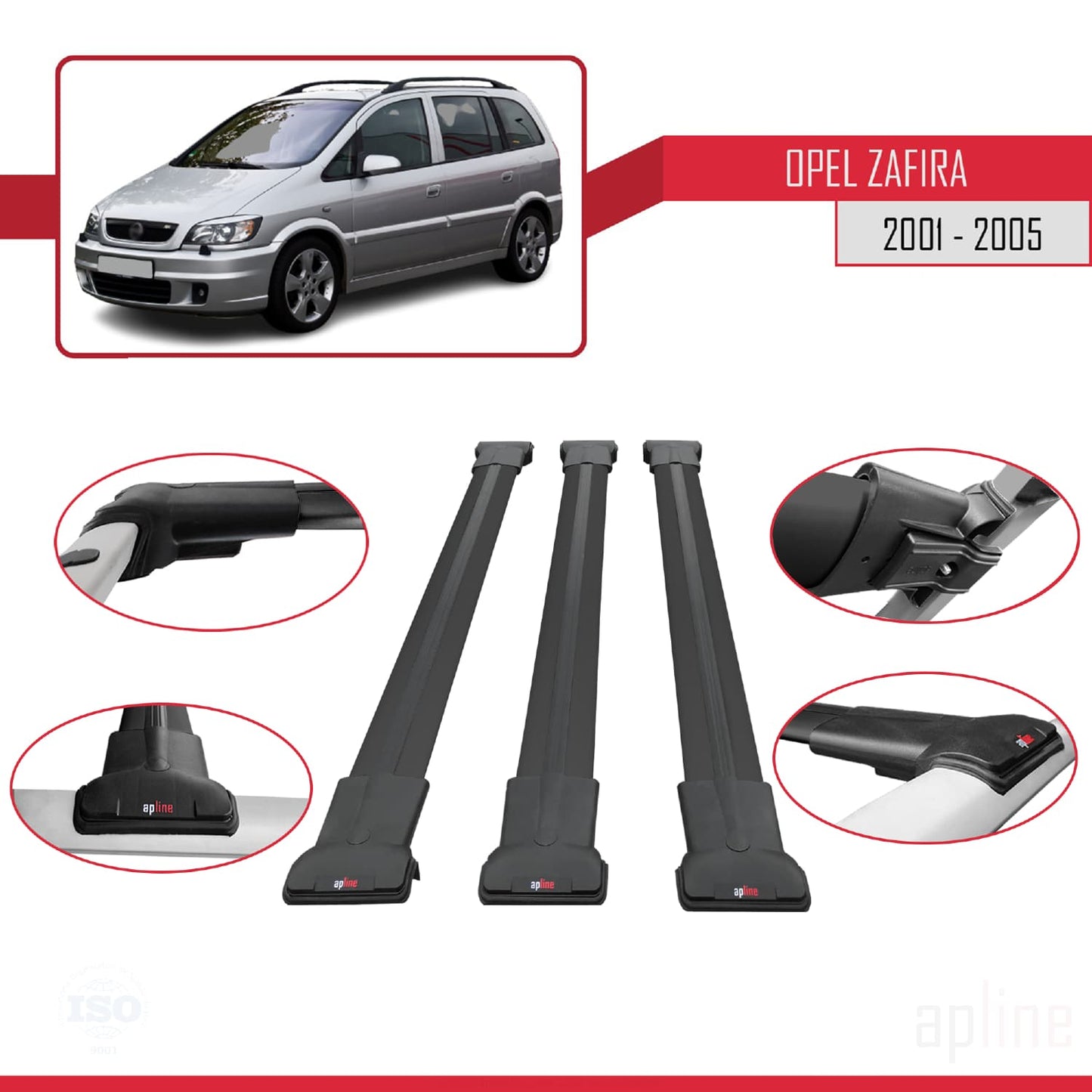 Compatible with Opel Zafira A (T98) 2001-2005 FLY Model Car Roof Rack Cross Bar Black Aluminium 3 Bars