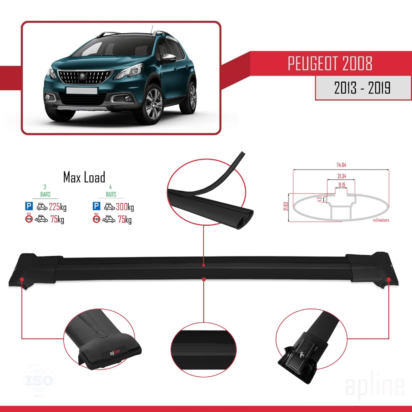 Compatible with Peugeot 2008 (A94) 2013-2019 FLY Model Car Roof Rack Cross Bar Black Aluminium 3 Bars