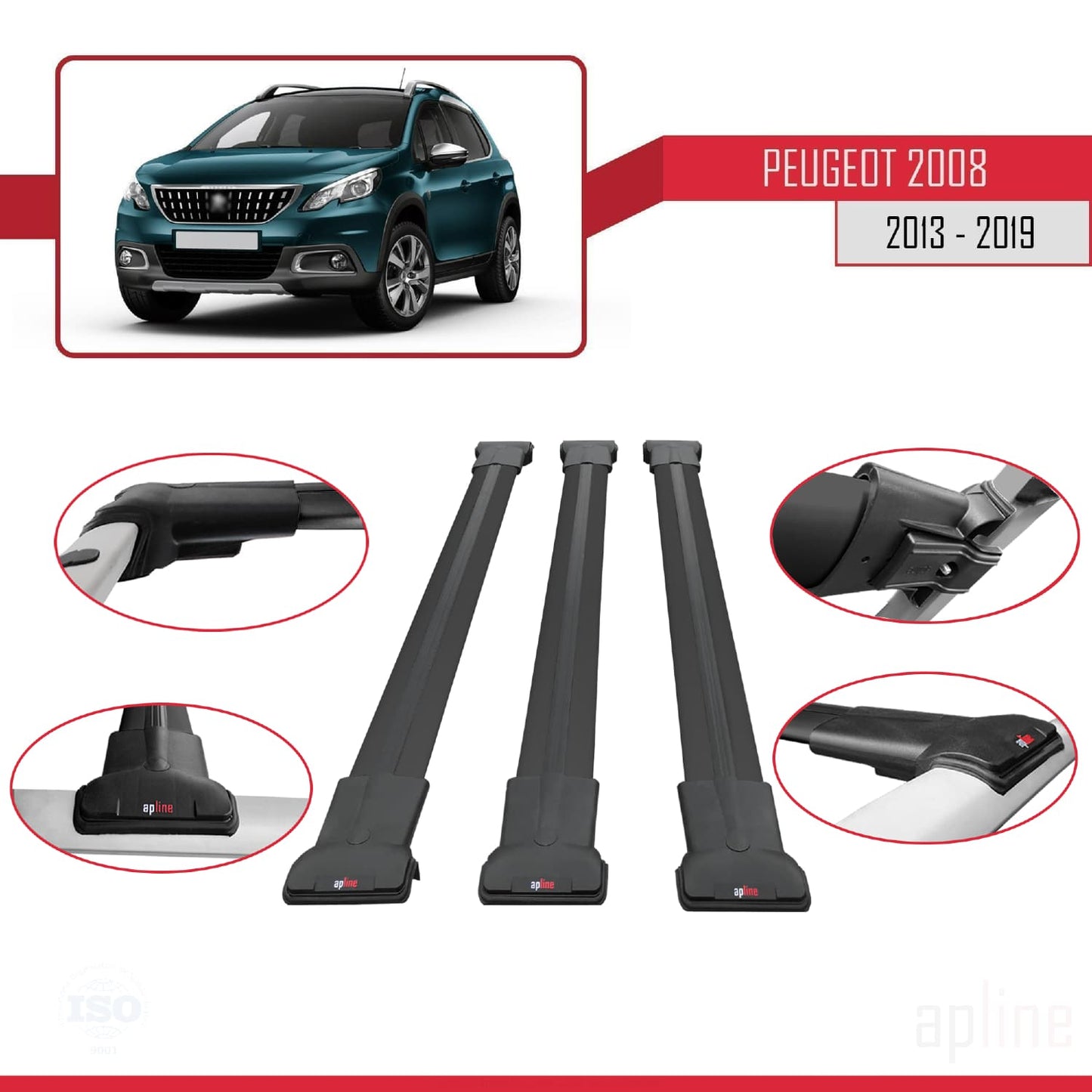 Compatible with Peugeot 2008 (A94) 2013-2019 FLY Model Car Roof Rack Cross Bar Black Aluminium 3 Bars