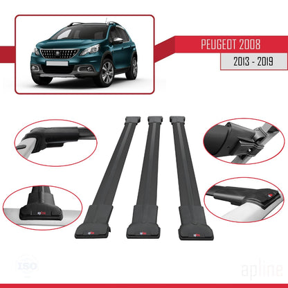 Compatible with Peugeot 2008 (A94) 2013-2019 FLY Model Car Roof Rack Cross Bar Black Aluminium 3 Bars