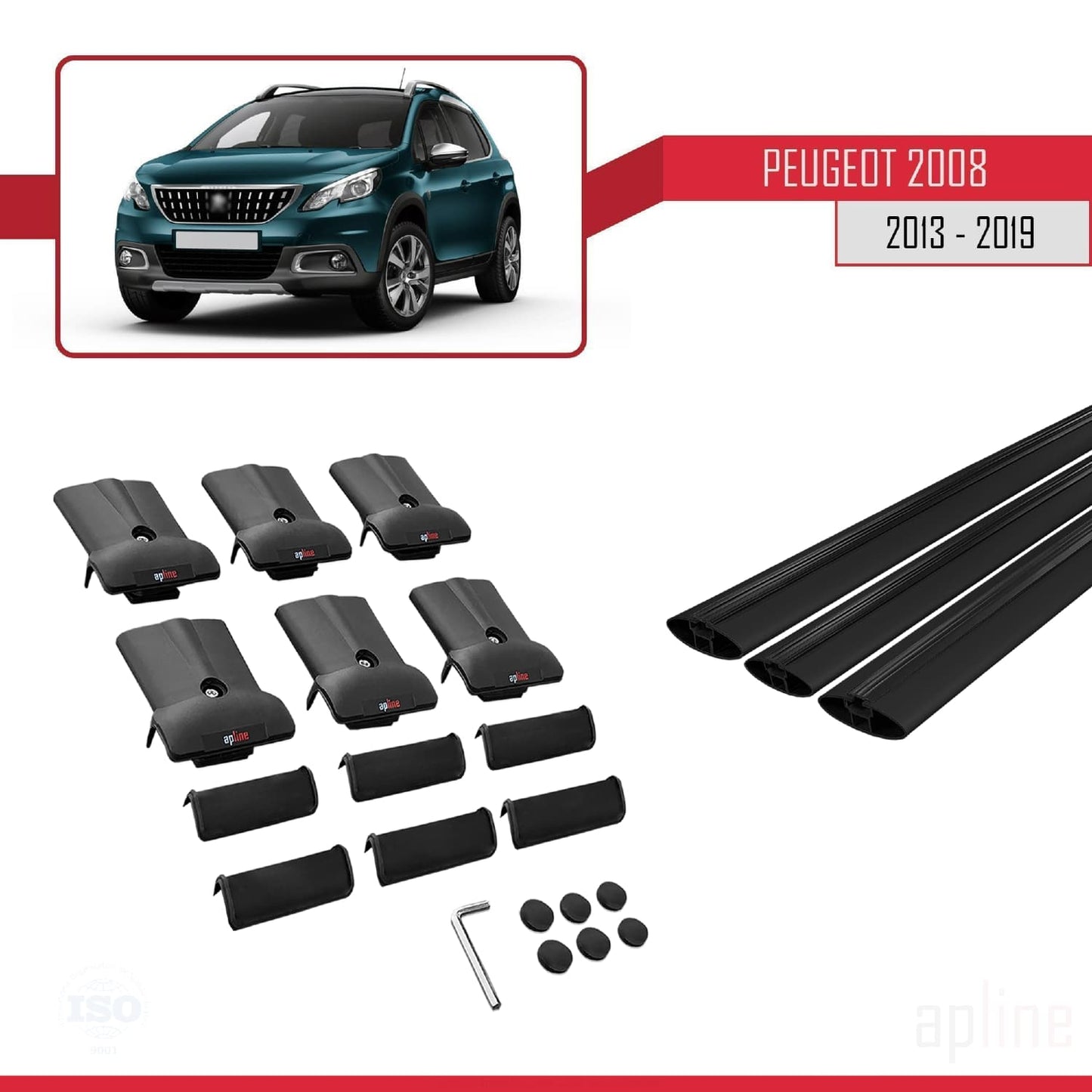 Compatible with Peugeot 2008 (A94) 2013-2019 FLY Model Car Roof Rack Cross Bar Black Aluminium 3 Bars