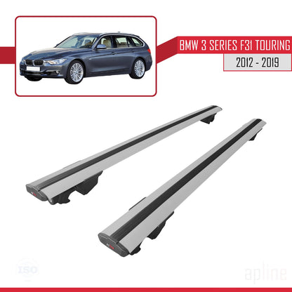 Compatible with BMW 3 Series (F31) Touring 2012-2019 HOOK Model Car Roof Rack Cross Bar Grey Aluminium 2 Bars