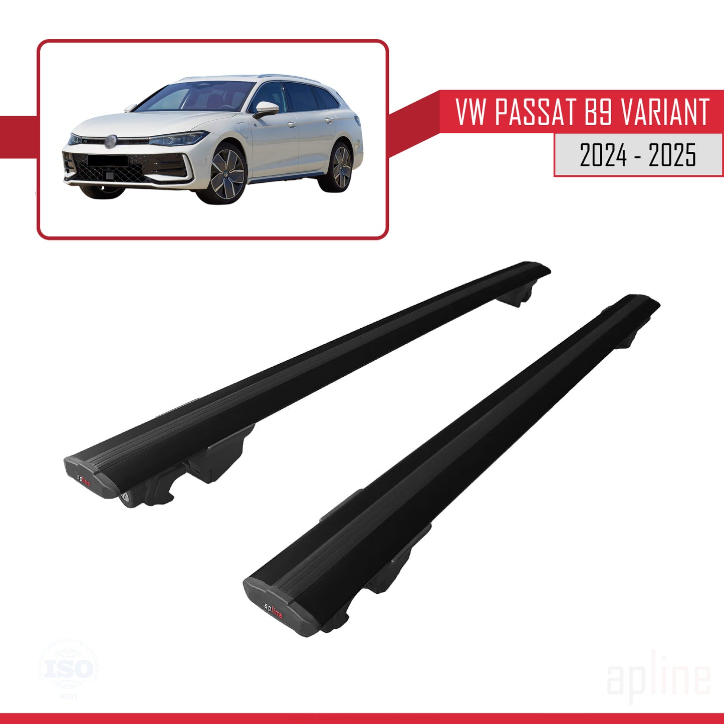 Compatible with VW Passat B9 Variant 2024-2025 HOOK Model Car Roof Rack Cross Bar Black Aluminium 2 Bars