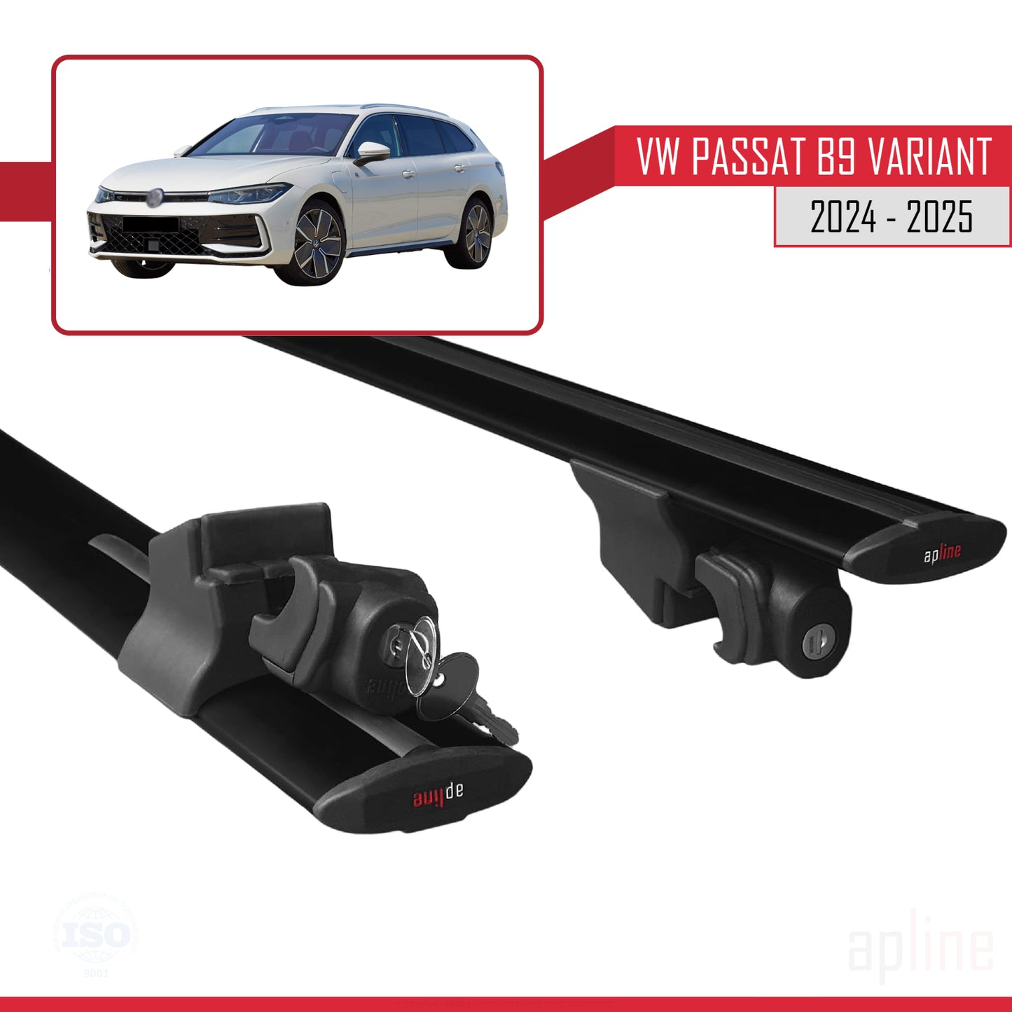 Compatible with VW Passat B9 Variant 2024-2025 HOOK Model Car Roof Rack Cross Bar Black Aluminium 2 Bars
