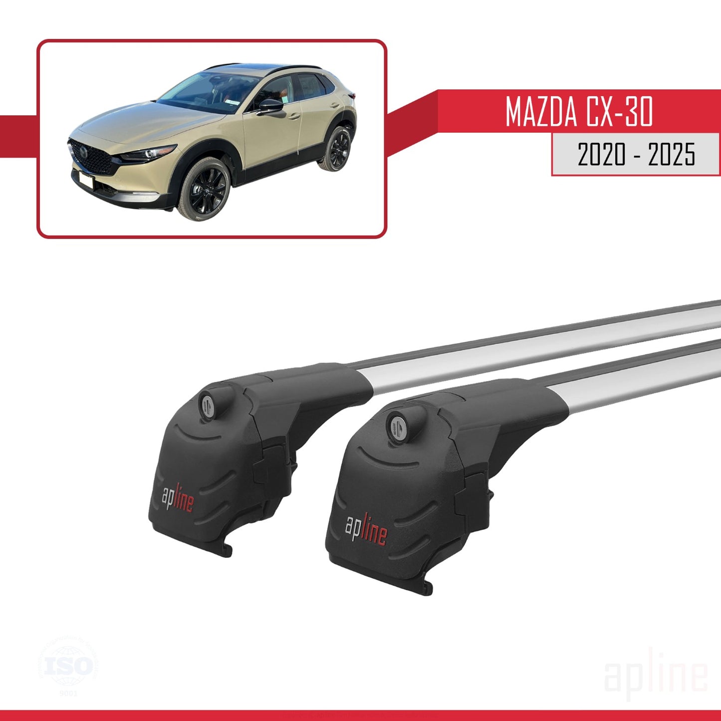 Compatible with Mazda CX-30 2020-2025 ACE-2 Car Roof Rack Cross Bar Grey Aluminium 2 Bars