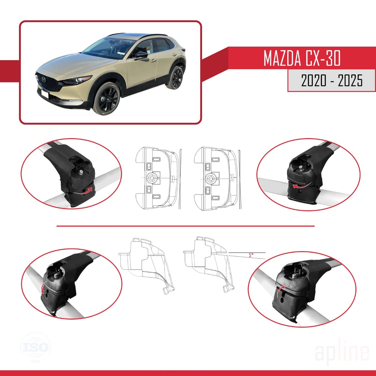 Compatible with Mazda CX-30 2020-2025 ACE-2 Car Roof Rack Cross Bar Grey Aluminium 2 Bars