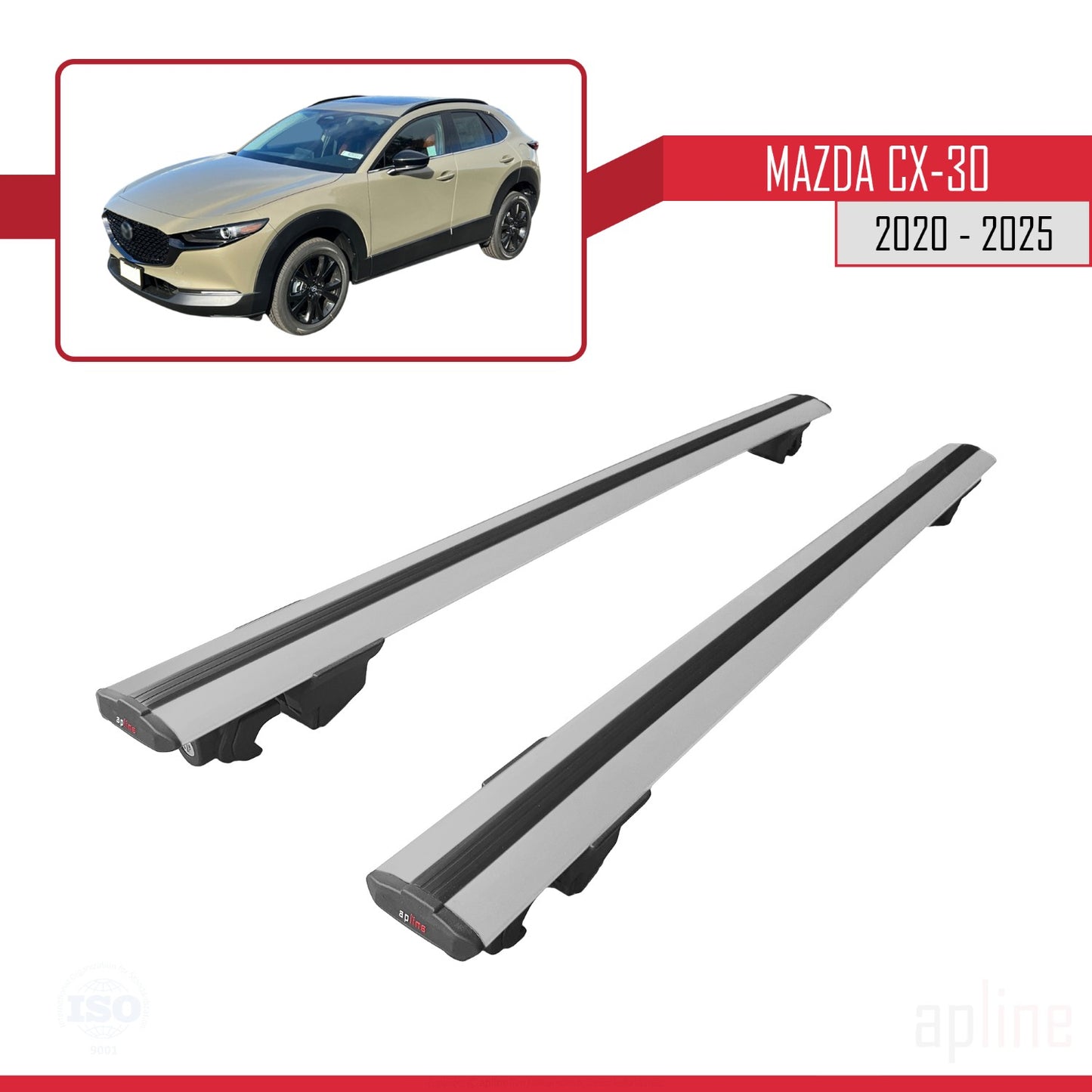 Compatible with Mazda CX-30 2020-2025 HOOK Model Car Roof Rack Cross Bar Grey Aluminium 2 Bars