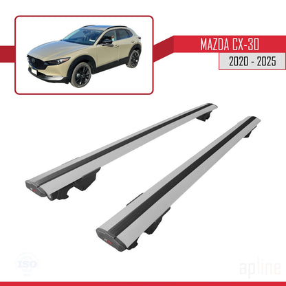 Compatible with Mazda CX-30 2020-2025 HOOK Model Car Roof Rack Cross Bar Grey Aluminium 2 Bars