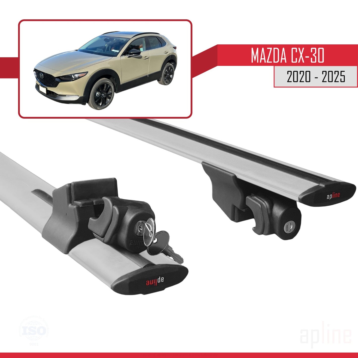 Compatible with Mazda CX-30 2020-2025 HOOK Model Car Roof Rack Cross Bar Grey Aluminium 2 Bars