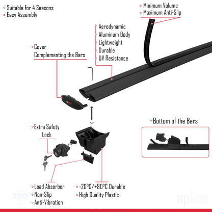Compatible with Peugeot 2008 (A94) 2013-2019 HOOK Model Car Roof Rack Cross Bar Black Aluminium 2 Bars
