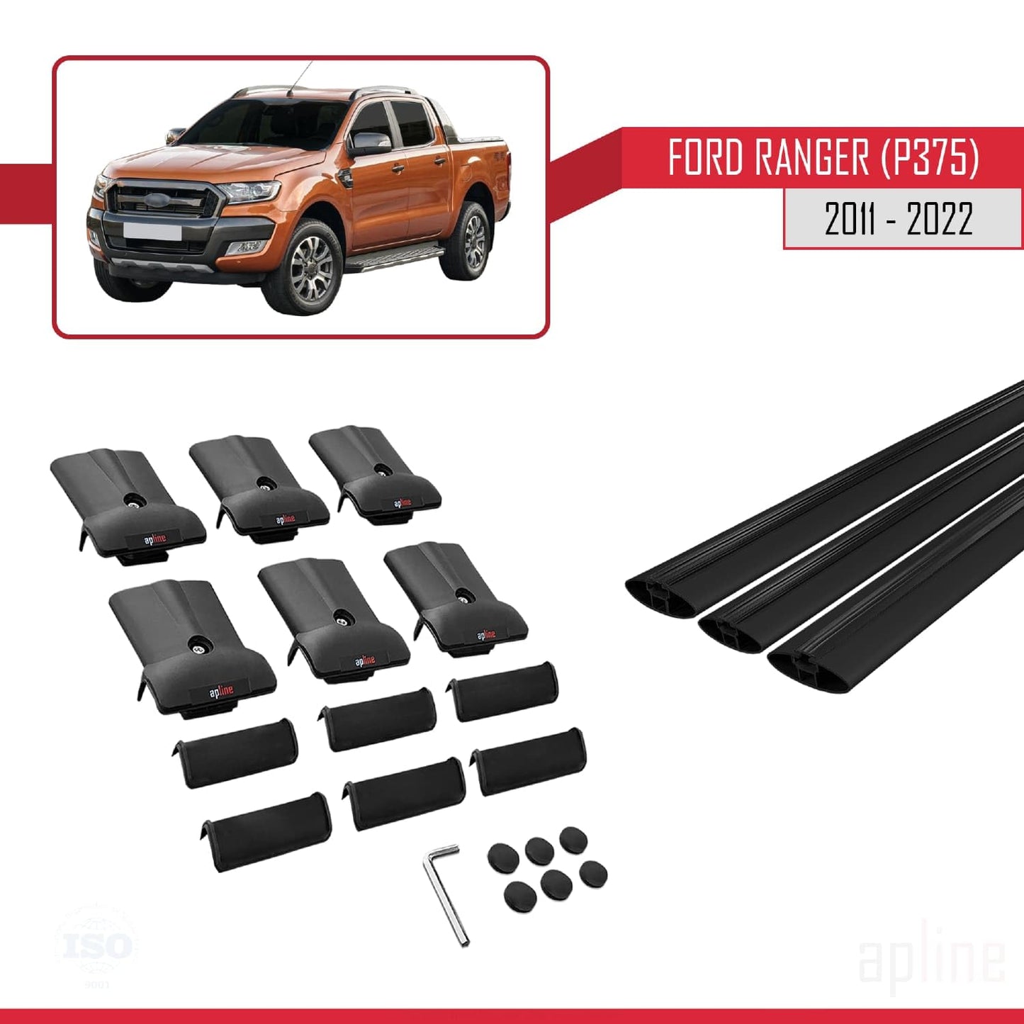 Compatible with Ford Ranger (P375) 2011-2022 Fly Model Car Roof Rack Cross Bar Black Aluminium 3 Bars