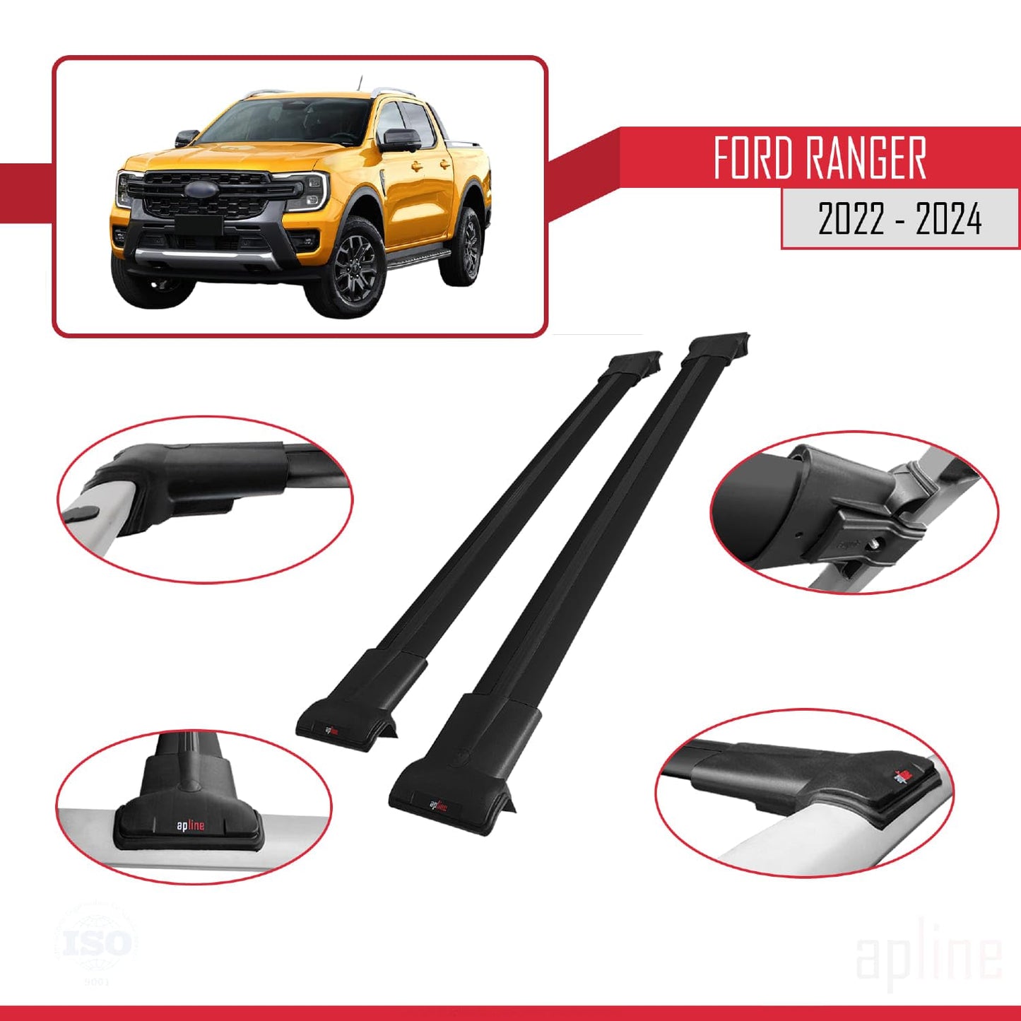 Compatible with Ford Ranger (P703) 2022-2024 Fly Model Car Roof Rack Cross Bar Black Aluminium 2 Bars