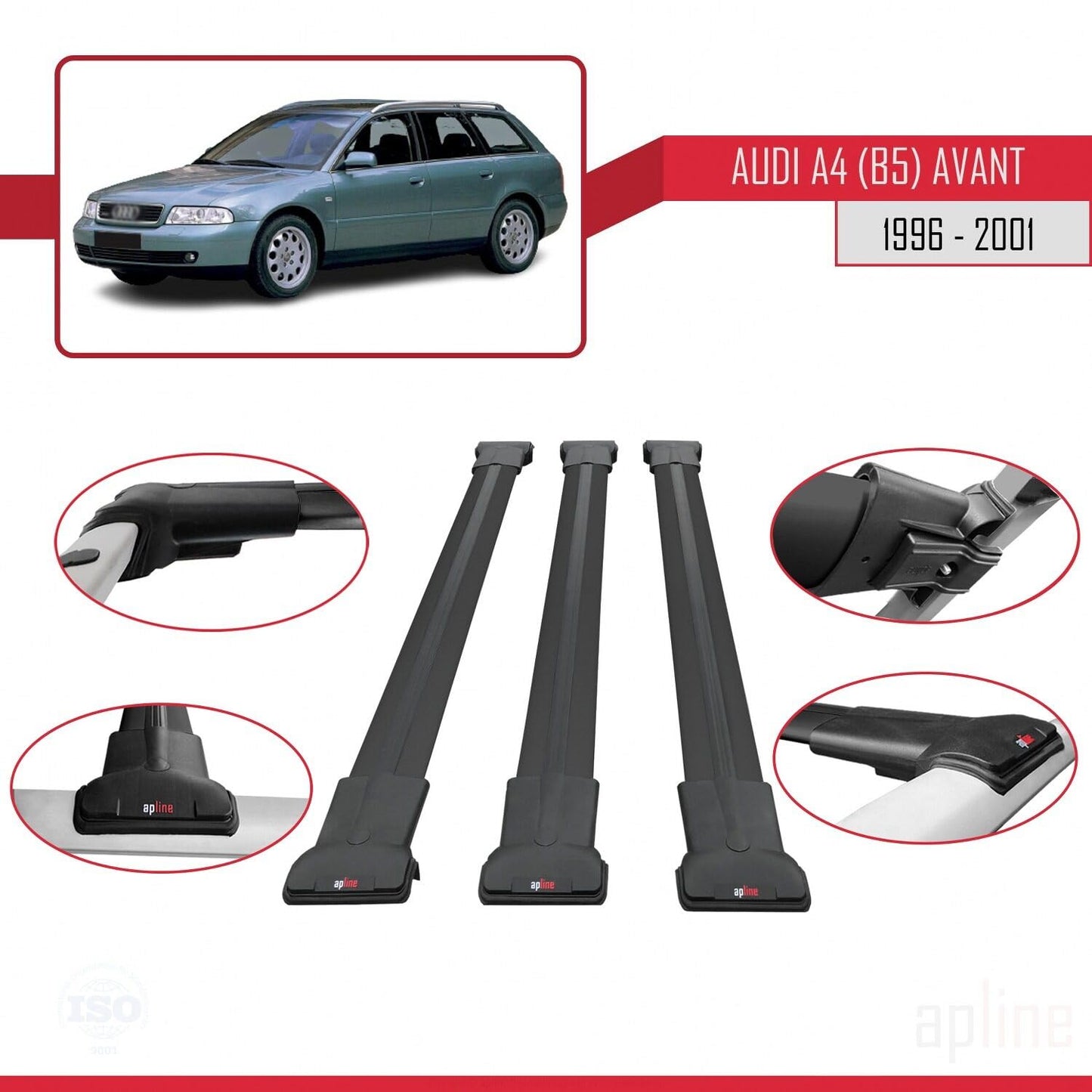 Compatible with Audi A4 (B5) Avant 1996-2001 Fly Model Car Roof Rack Cross Bar Black Aluminium 3 Bars
