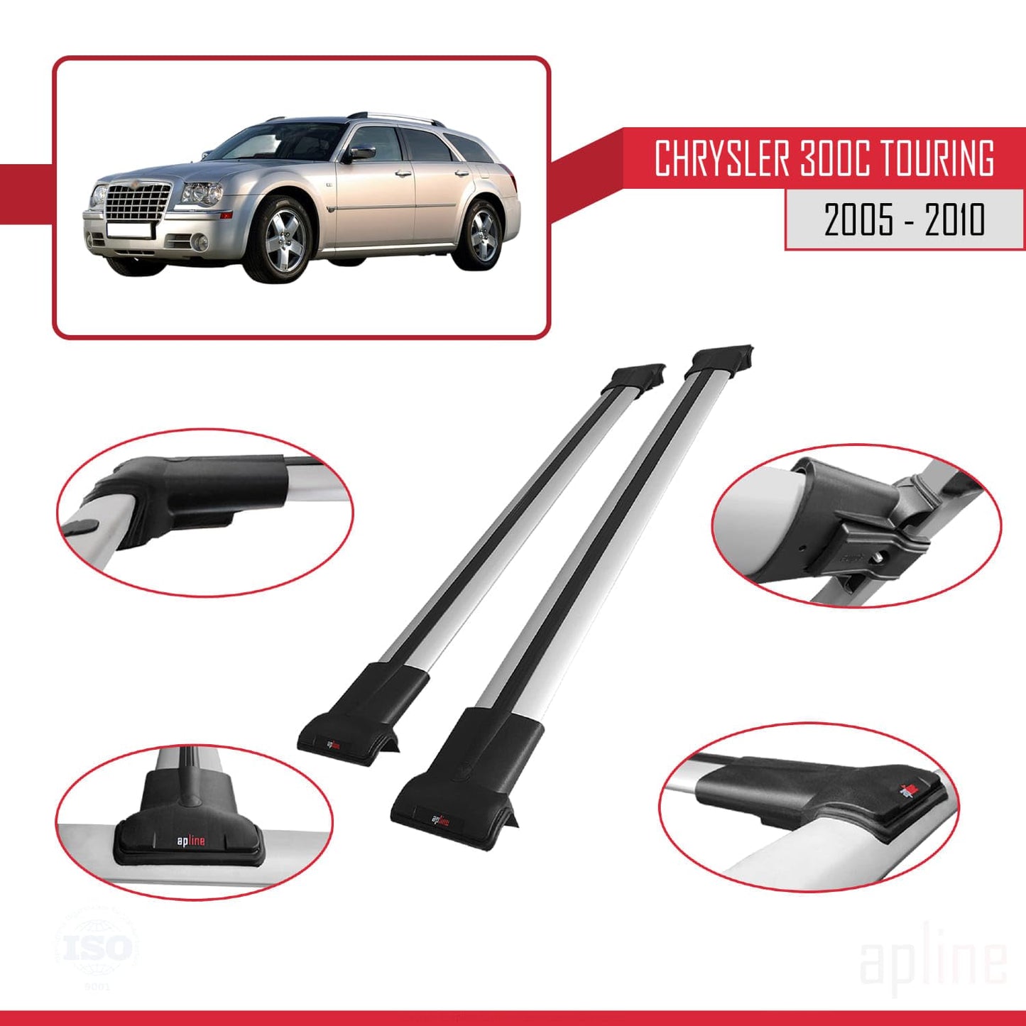 Compatible with Chrysler 300C Touring 2005-2010 Fly Model Car Roof Rack Cross Bar Grey Aluminium 2 Bars