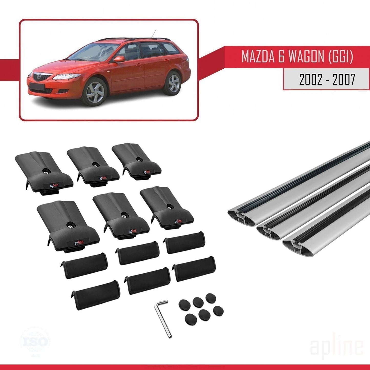 Compatible with Mazda 6 I (GG1) 2002-2007 Fly Model Car Roof Rack Cross Bar Grey Aluminium 3 Bars