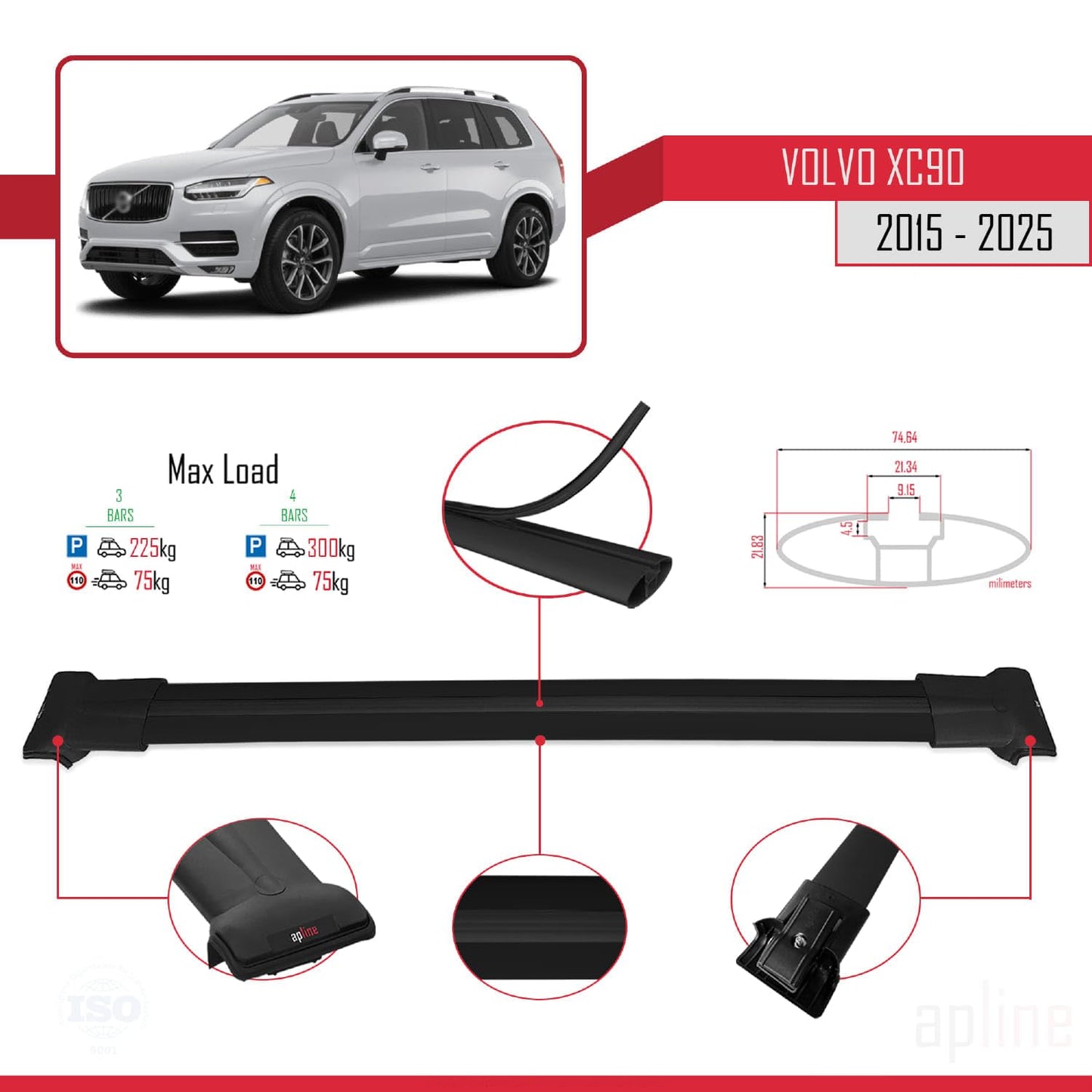 Compatible with Volvo XC90 II 2015-2025 Fly Model Car Roof Rack Cross Bar Black Aluminium 3 Bars