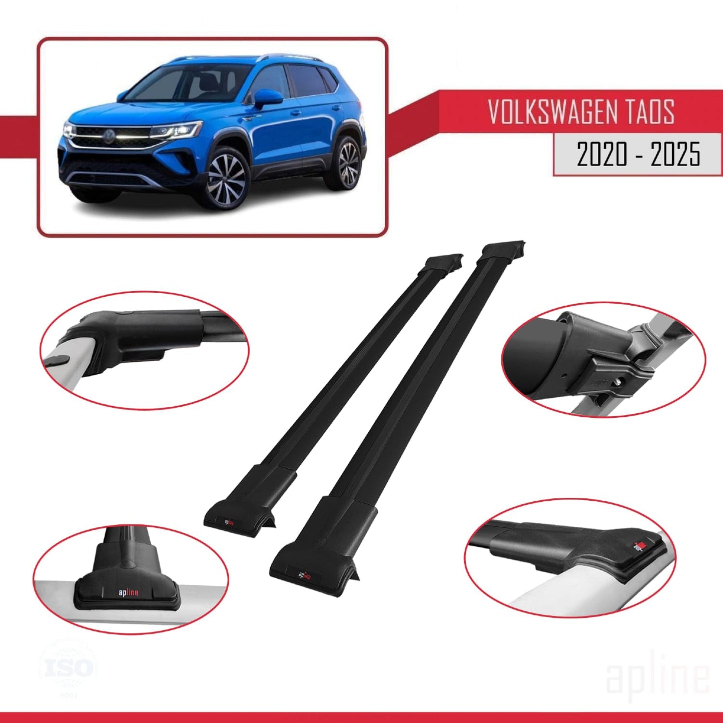 Compatible with Volkswagen Taos 2021-2025 Fly Model Car Roof Rack Cross Bar Black Aluminium 2 Bars