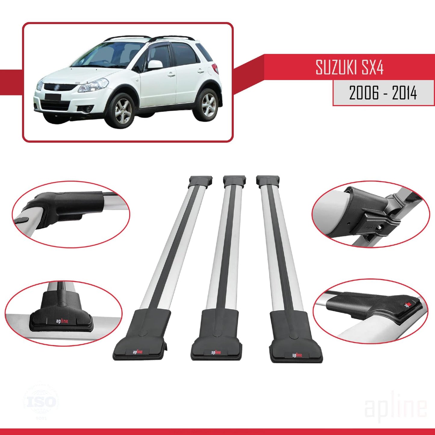 Compatible with Suzuki SX4 II (JY) 2006-2014 Fly Model Car Roof Rack Cross Bar Grey Aluminium 3 Bars