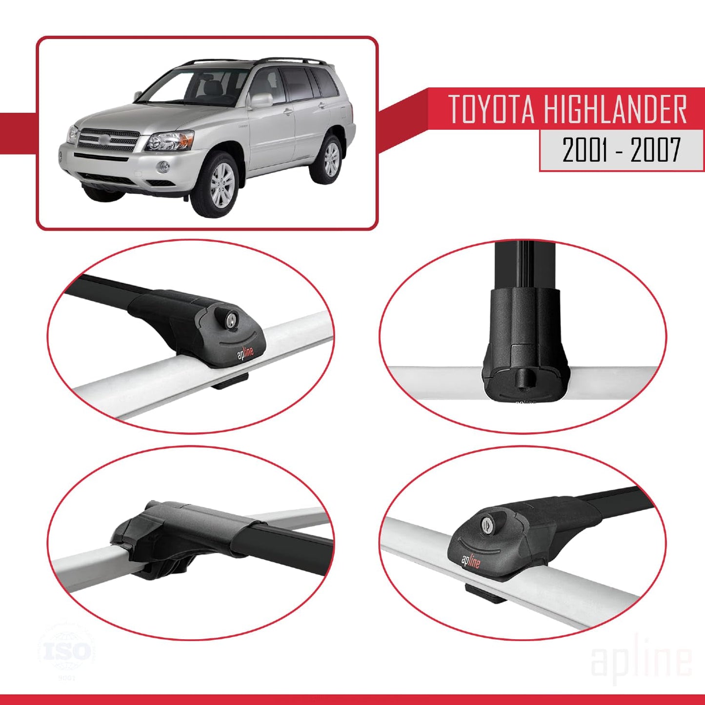 Compatible with Toyota Highlander 2001-2007 ACE-1 Car Roof Rack Cross Bar Black Aluminium 3 Bars