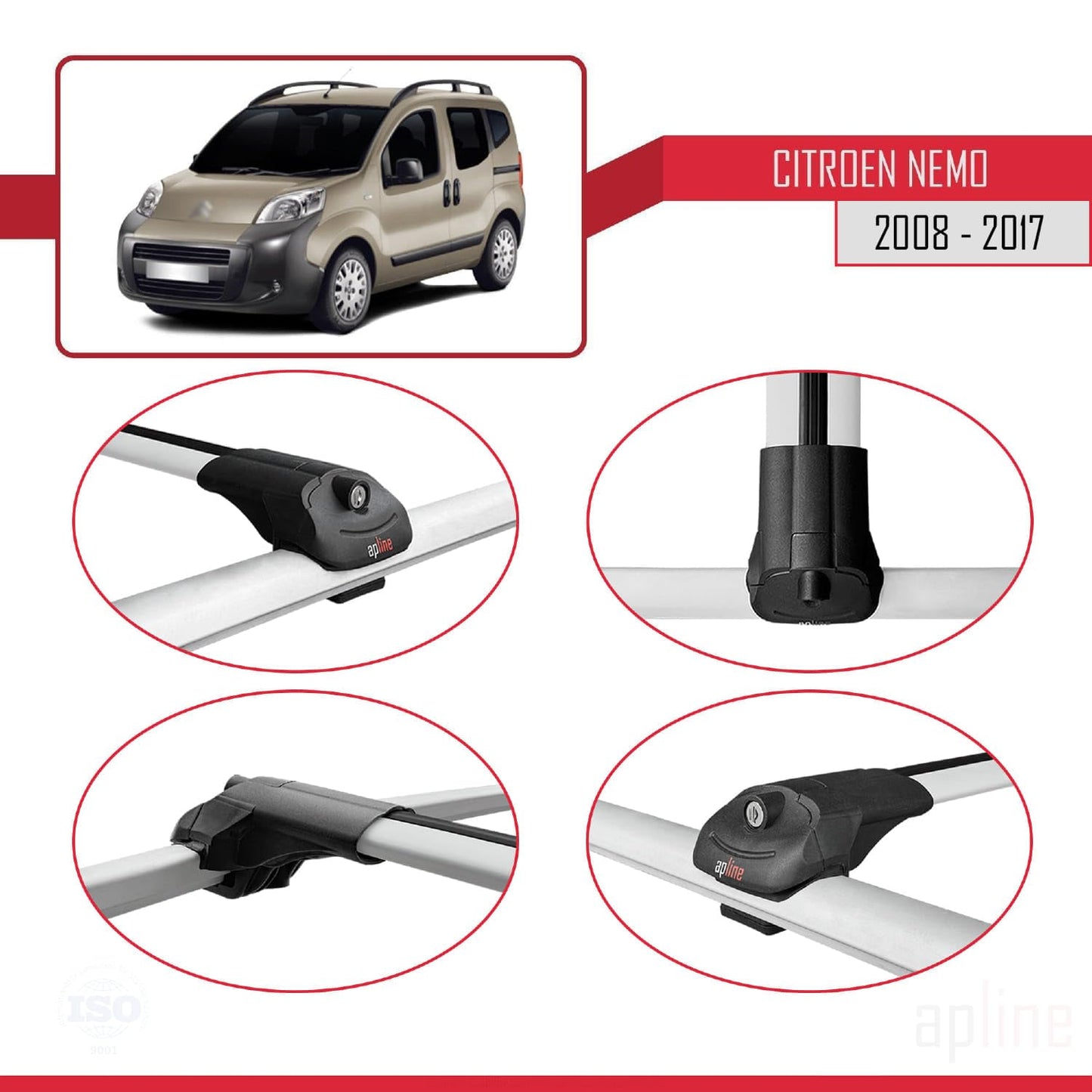 Compatible with Citroen Nemo 3 (225) 2008-2017 ACE-1 Car Roof Rack Cross Bar Grey Aluminium 2 Bars