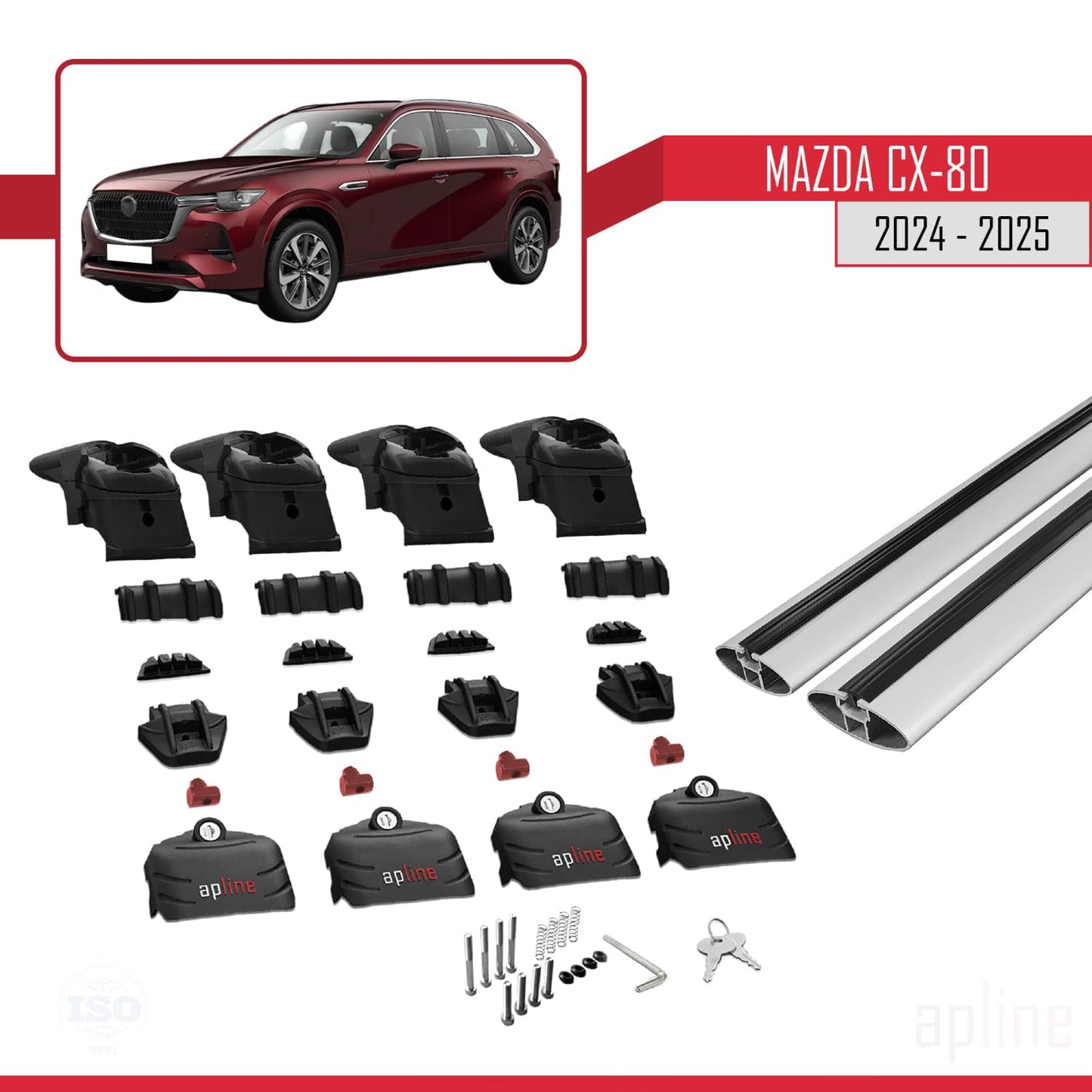 Compatible with Mazda CX-80 2024-2025 ACE-2 Car Roof Rack Cross Bar Grey Aluminium 2 Bars