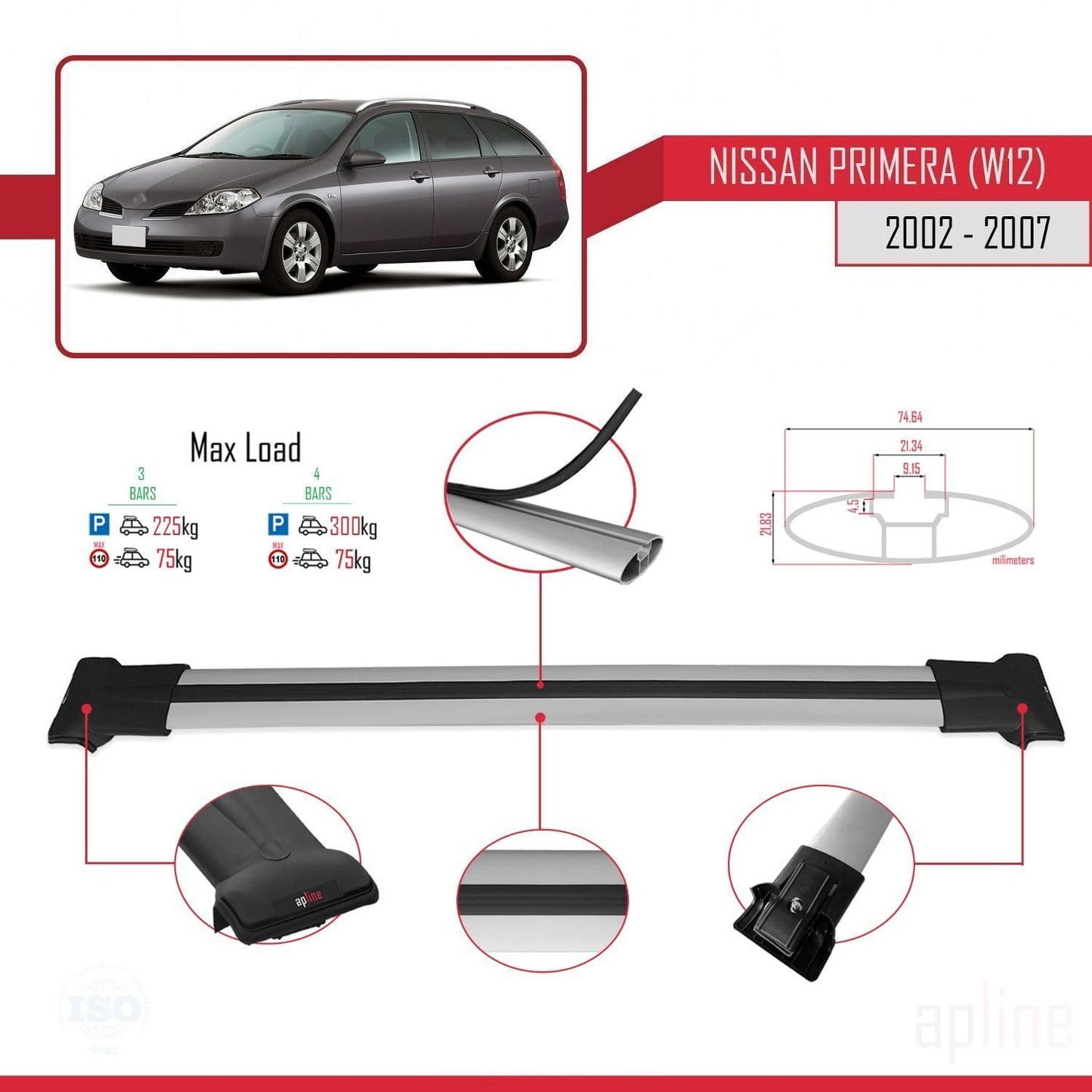 Compatible with Nissan Primera 3 (W12) Traveller 2002-2007 Fly Model Car Roof Rack Cross Bar Grey Aluminium 3 Bars